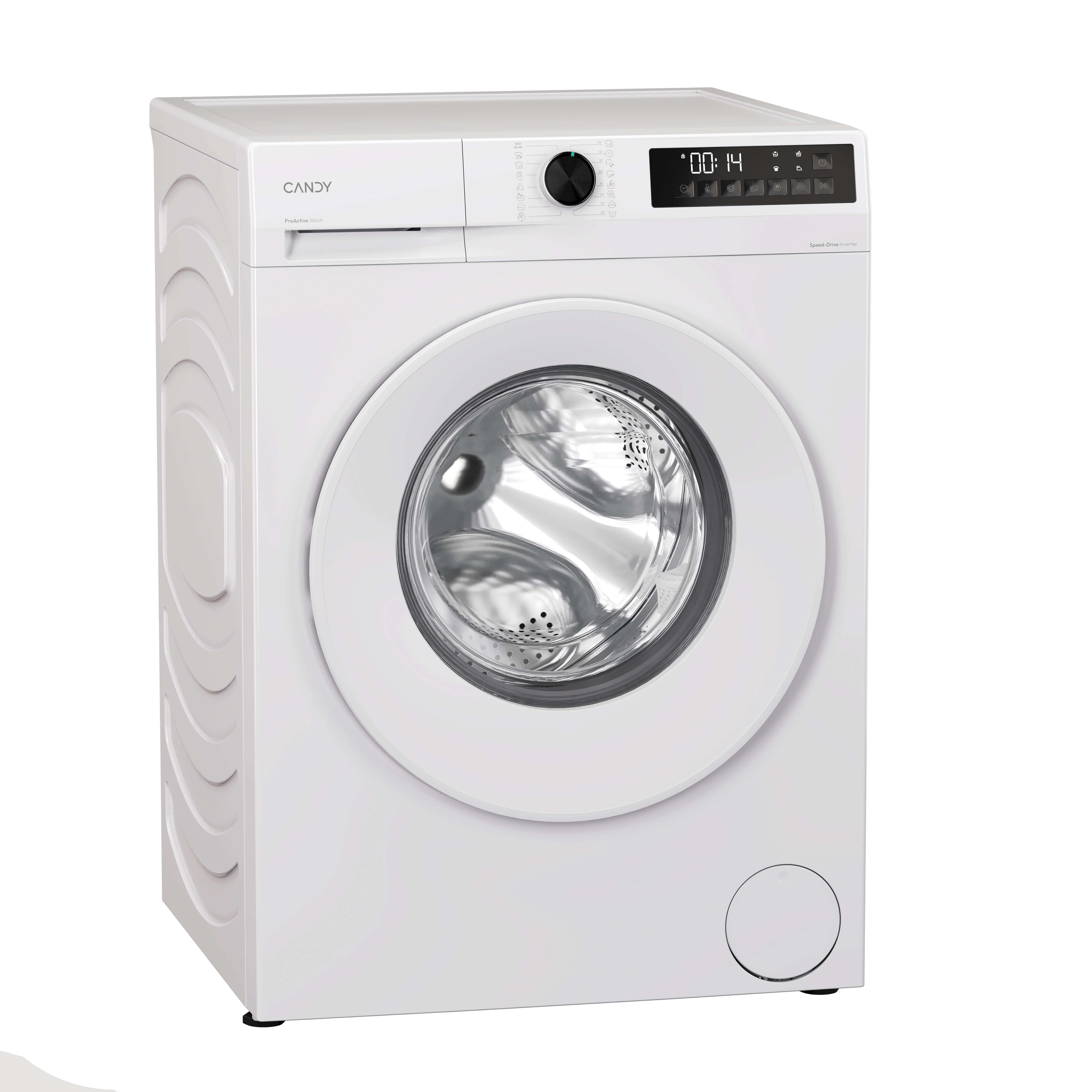 Una lavadora blanca con pantalla digital y puerta redonda.