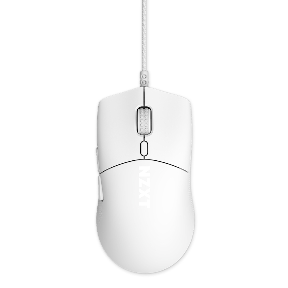 A white NZXT mouse on a white background, showing a white cord.