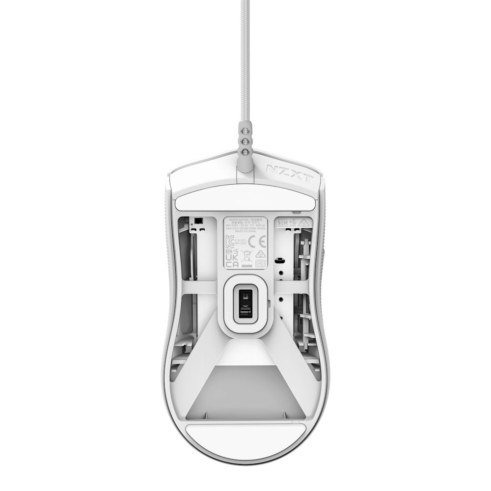 The bottom of a white NZXT mouse, showing the internal components.
