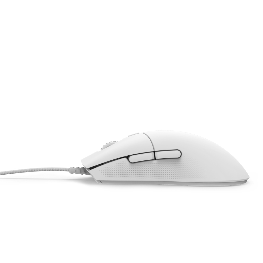 A white gaming mouse with two side buttons and a cord.