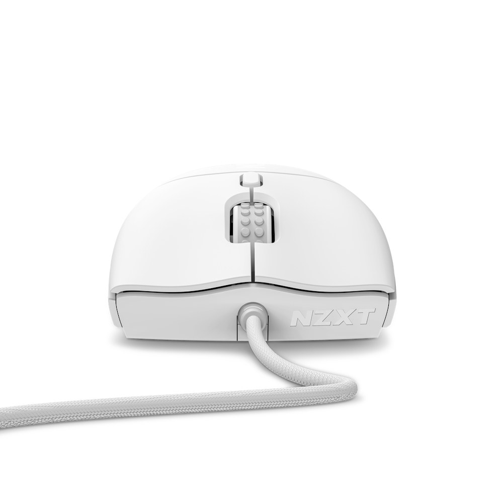 A white NZXT mouse with a cord. The mouse has a scroll wheel and buttons.