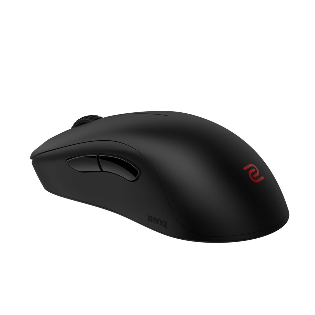 Black gaming mouse with red logo and buttons, viewed from the side.