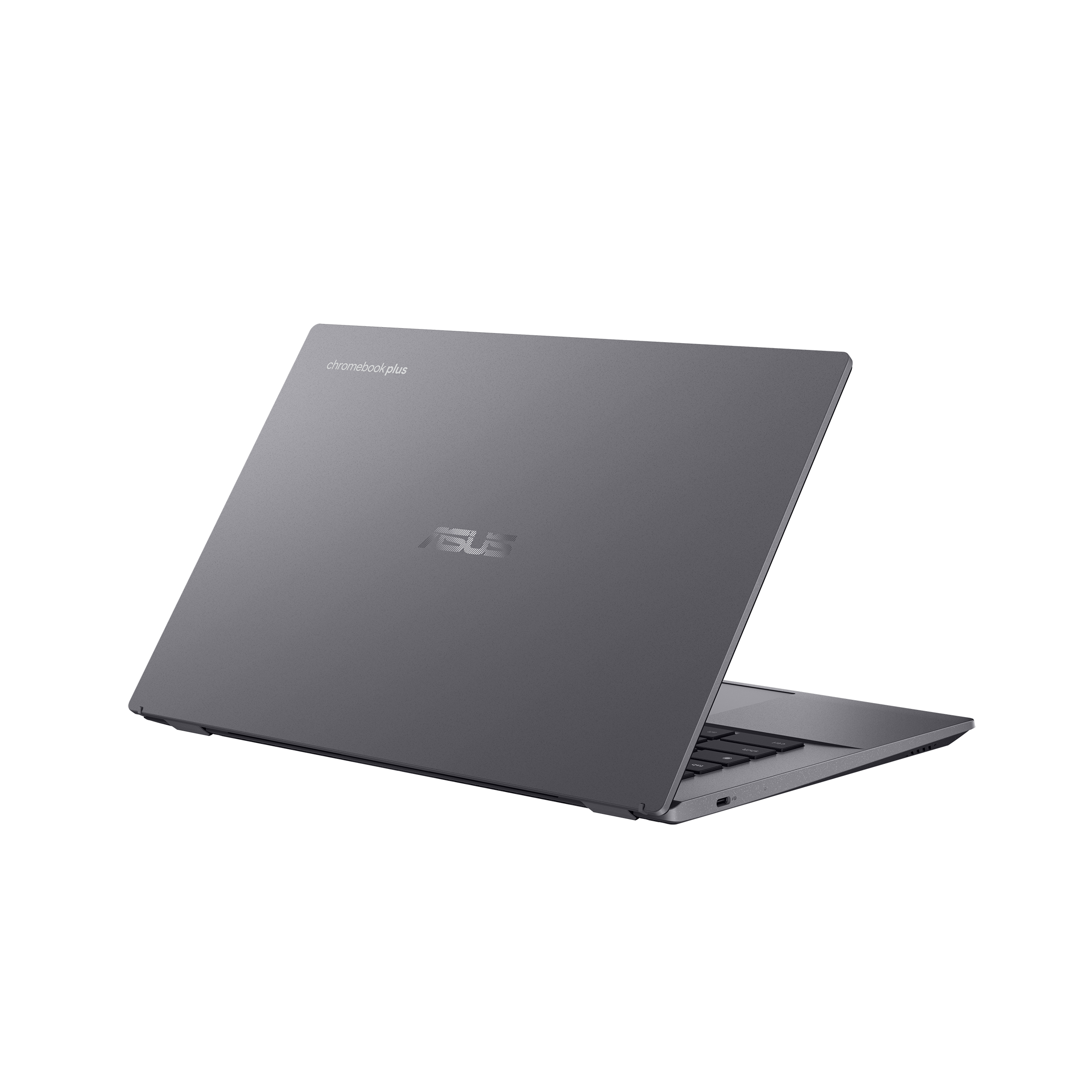 Un laptop grigio scuro con il coperchio chiuso, che mostra i loghi ASUS e Chromebook.
