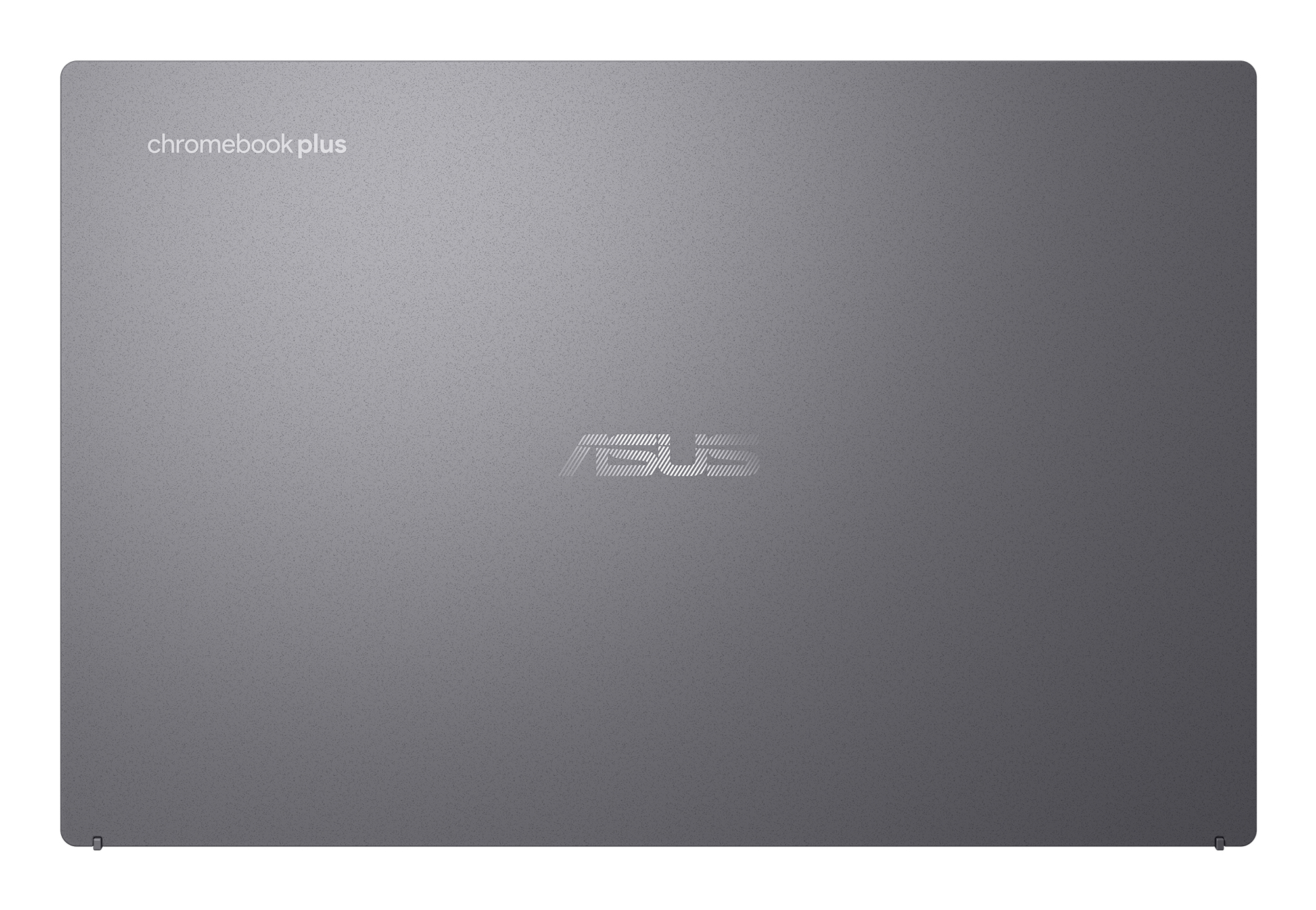 Il retro di un laptop ASUS Chromebook Plus grigio con il logo ASUS.