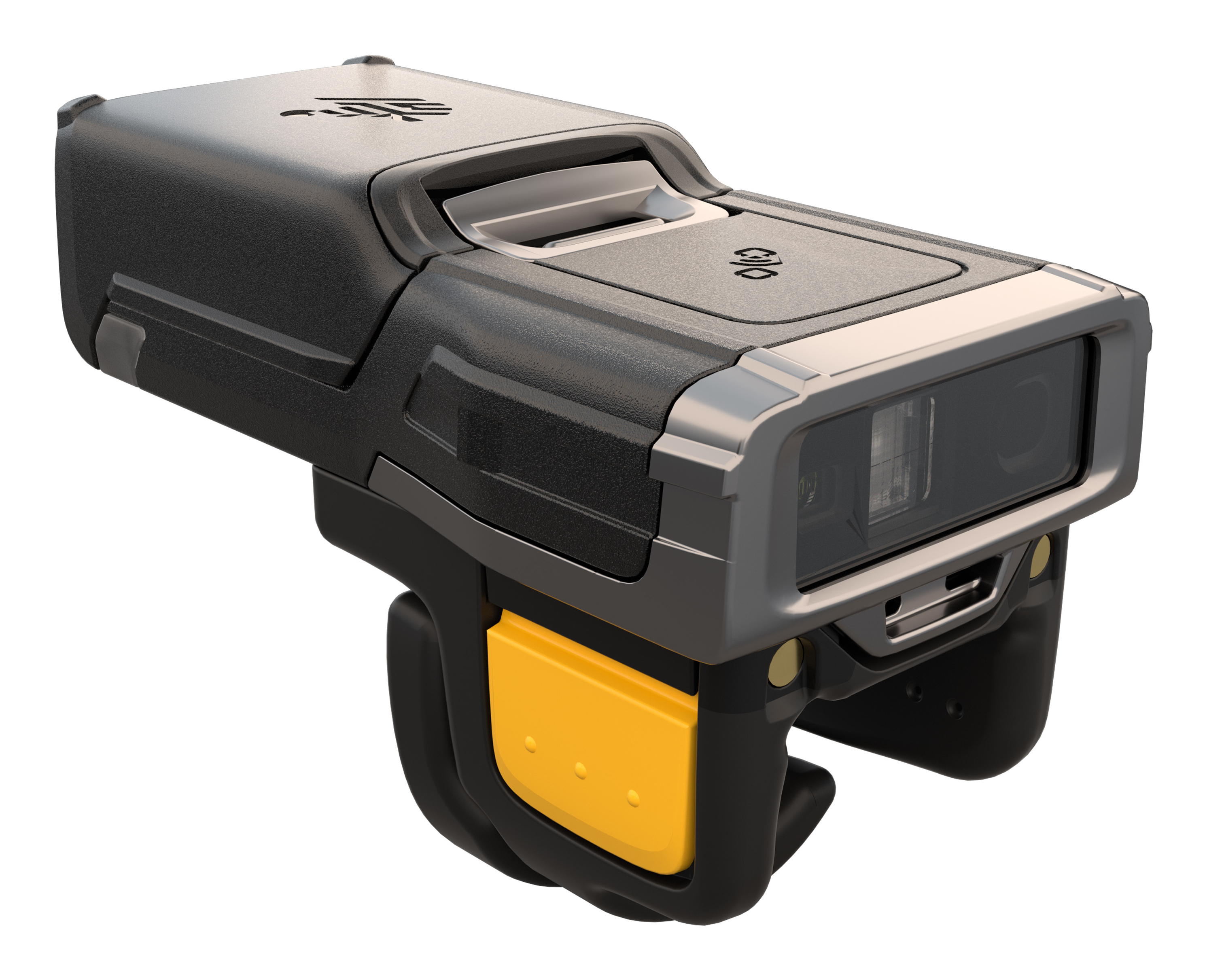 Uno scanner di codici a barre portatile nero e grigio con un pulsante giallo e una finestra di scansione.