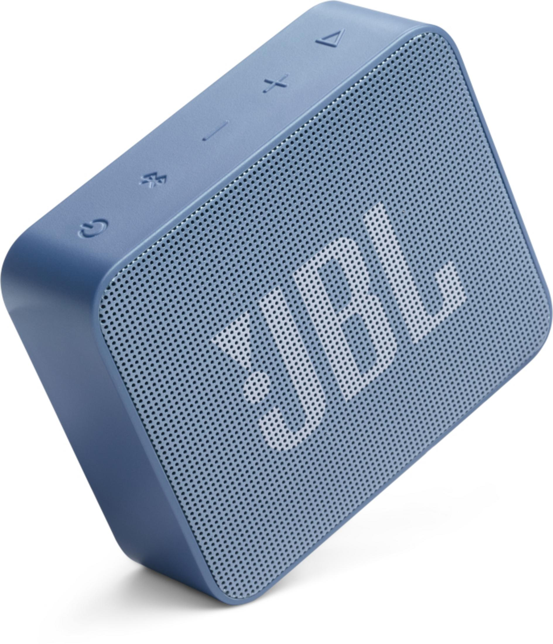Niebieski głośnik JBL z białym logo i przyciskami sterowania.