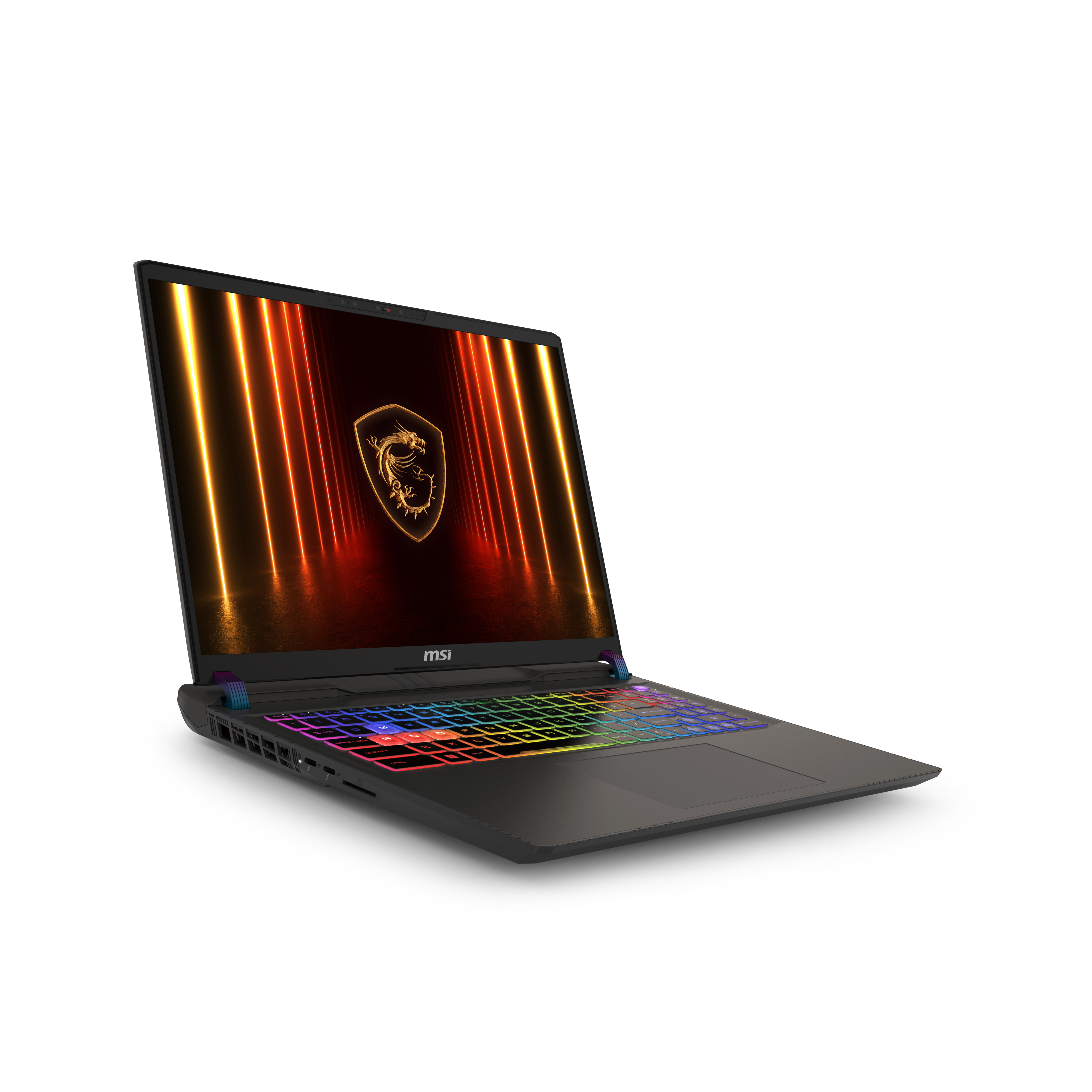Czarny laptop MSI z tęczowo podświetlaną klawiaturą, widok z kąta i świecące logo.
