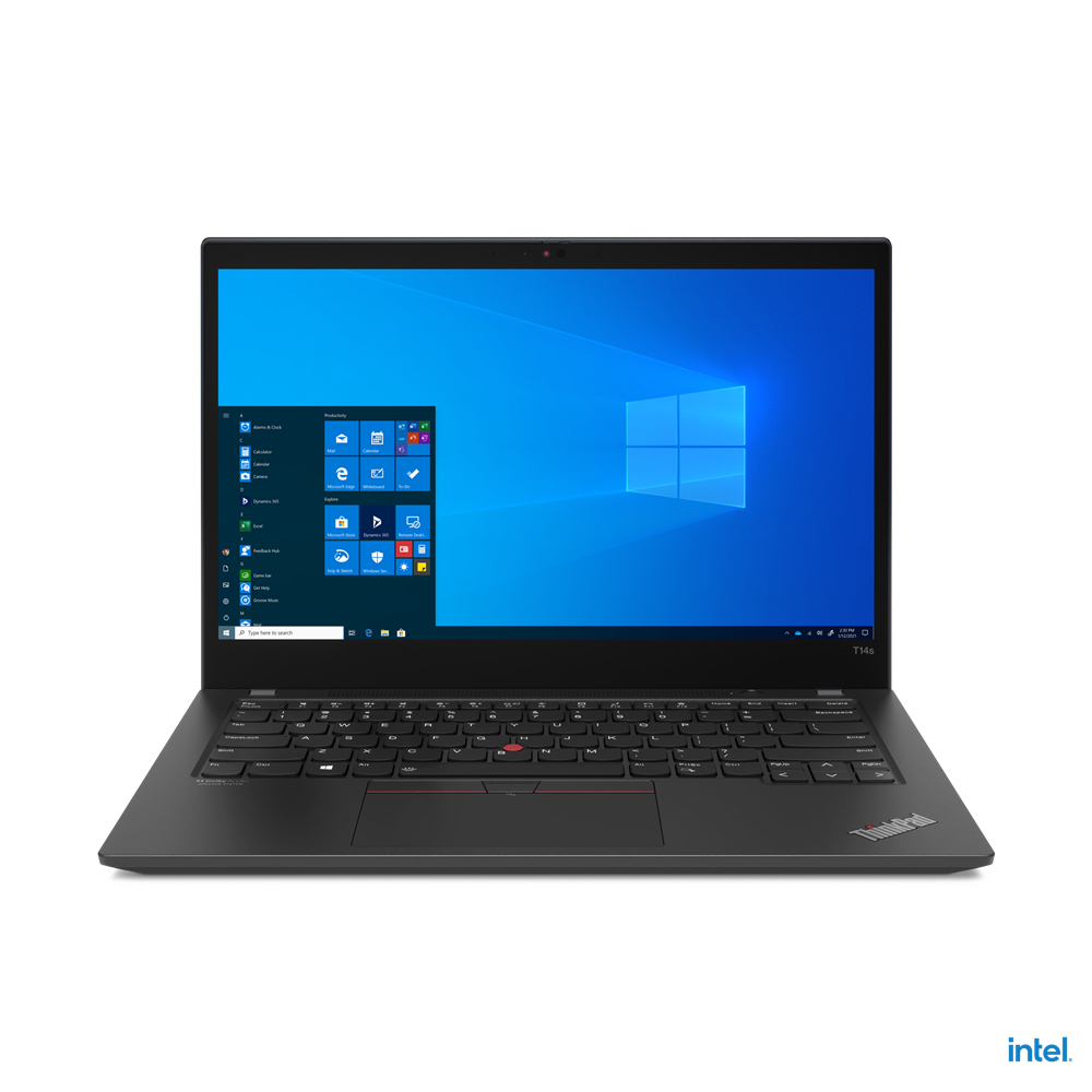 Schwarzer Laptop, Vorderansicht, Bildschirm zeigt Windows-Desktop. Weißer Hintergrund.