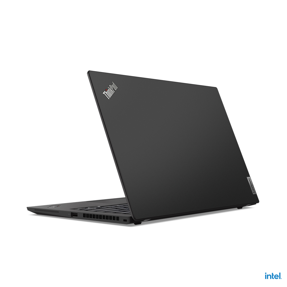 Schwarzer Laptop, Rückansicht, mit ThinkPad-Logo auf dem Deckel. Der Laptop ist angewinkelt.