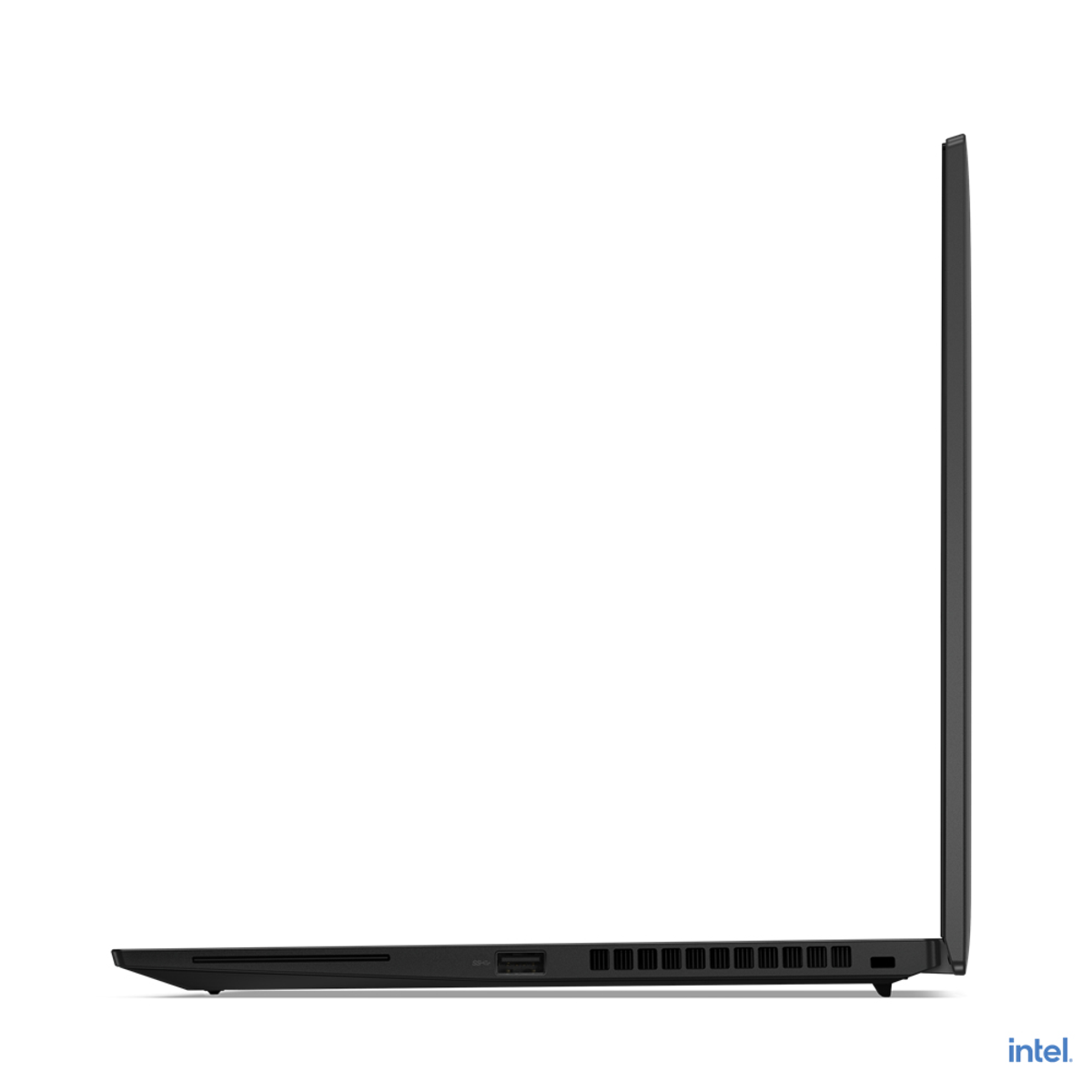 Seitenansicht eines schwarzen Laptops, der sein schlankes Profil zeigt.