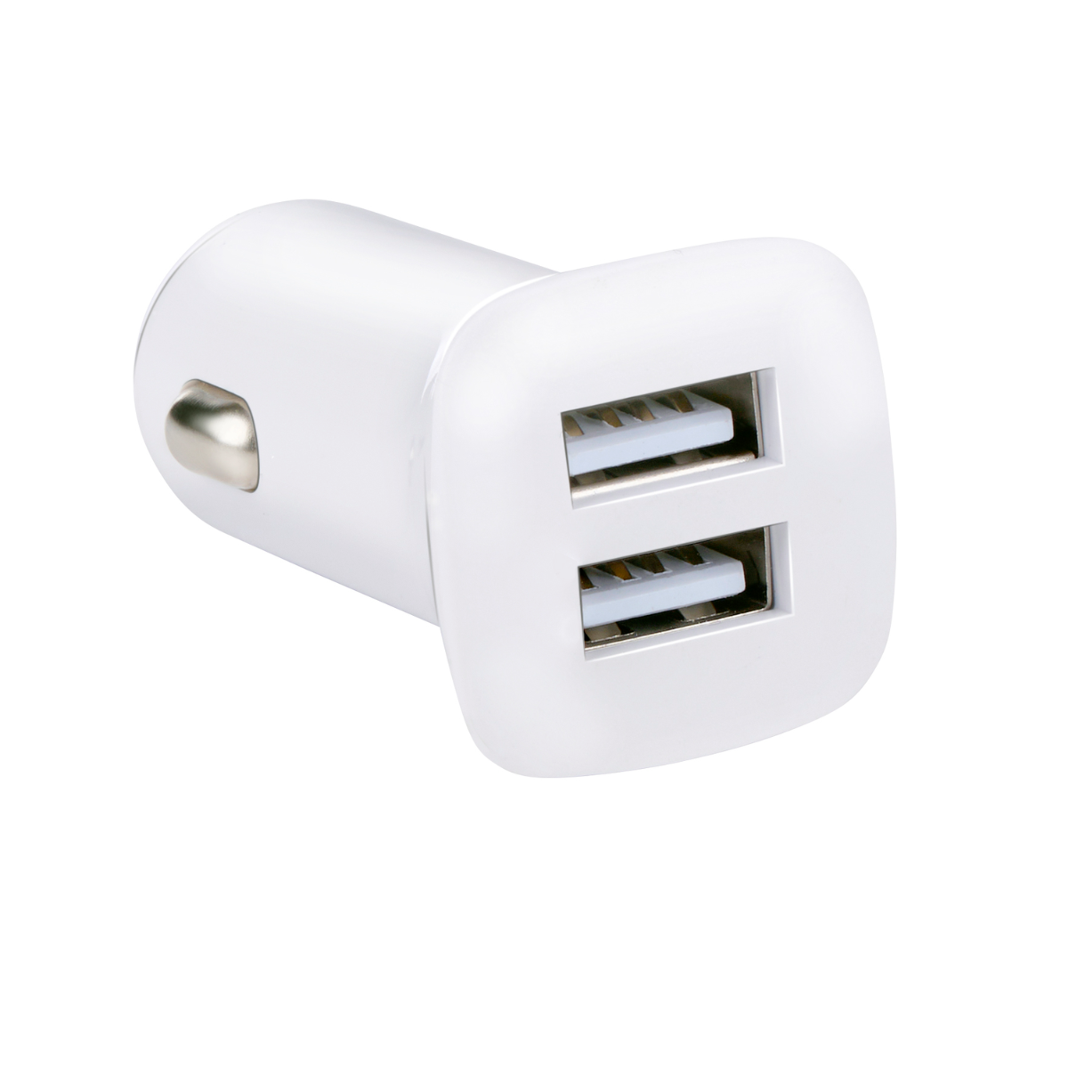 Een witte USB-autolader met twee USB-poorten, geïsoleerd op een witte achtergrond.