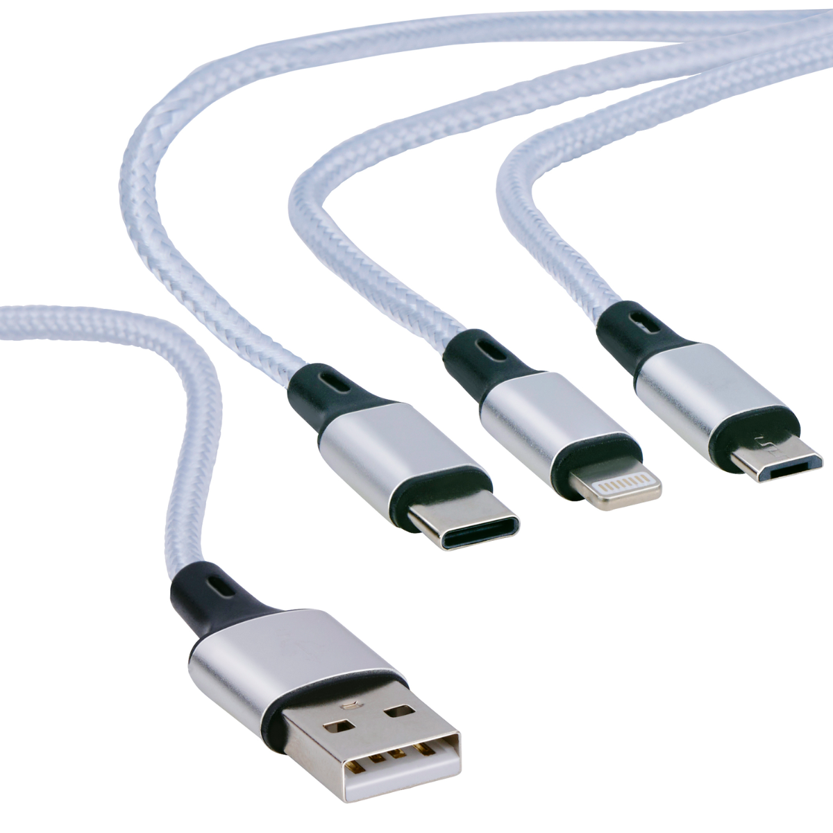 Witte USB-oplaadkabels met verschillende uiteinden.