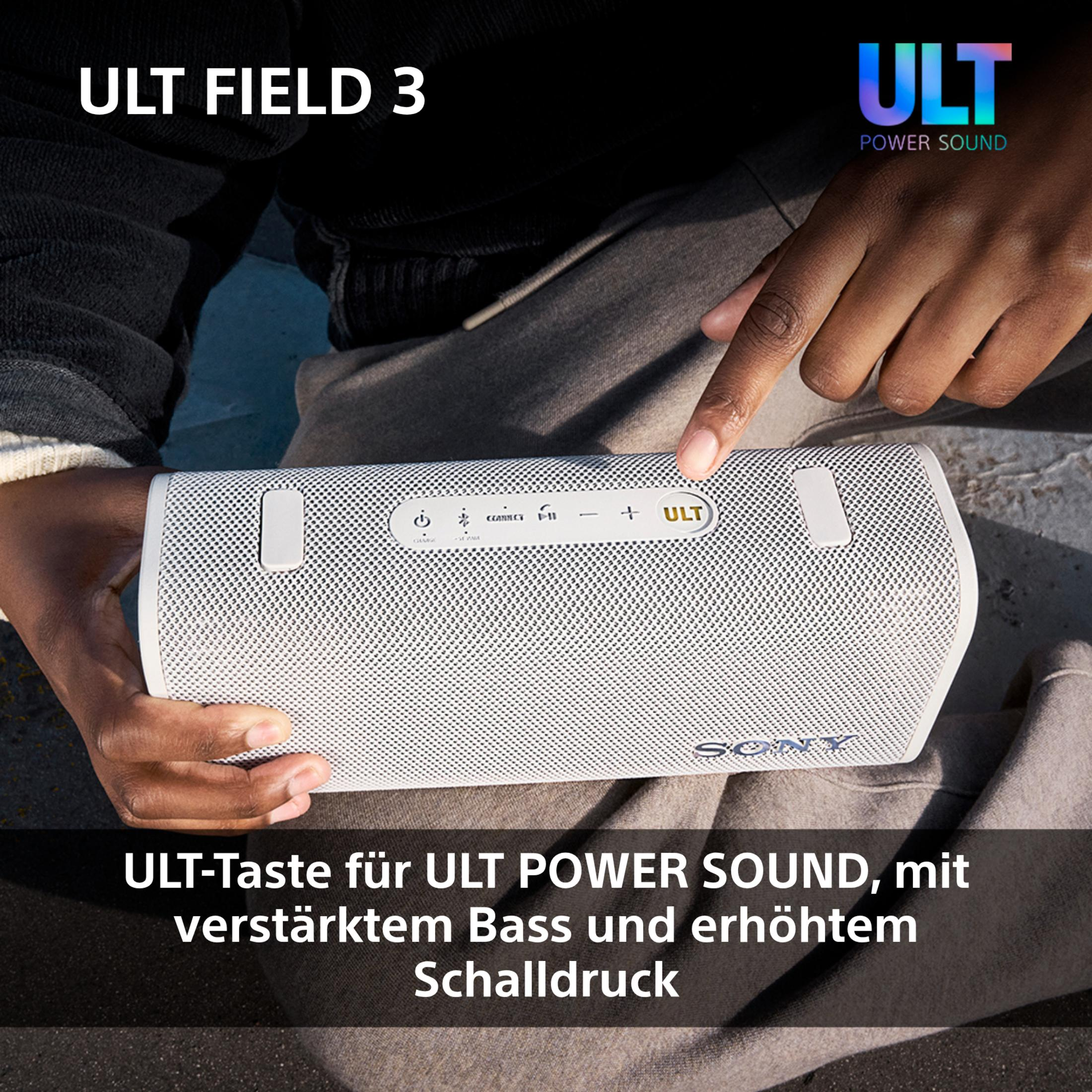 Persona sosteniendo un altavoz Sony blanco. Texto sobre ULT Power Sound con bajos mejorados.