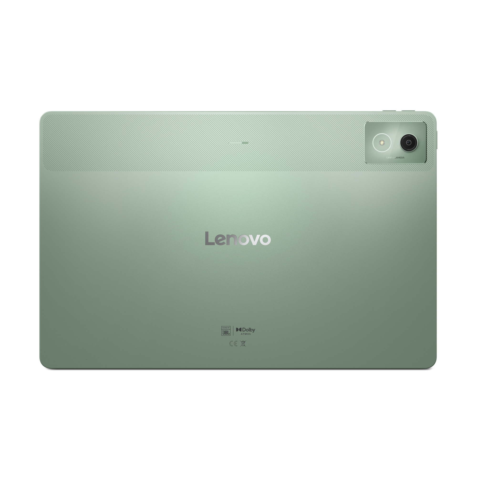 Zielony tablet Lenovo z logo Lenovo i aparatem.