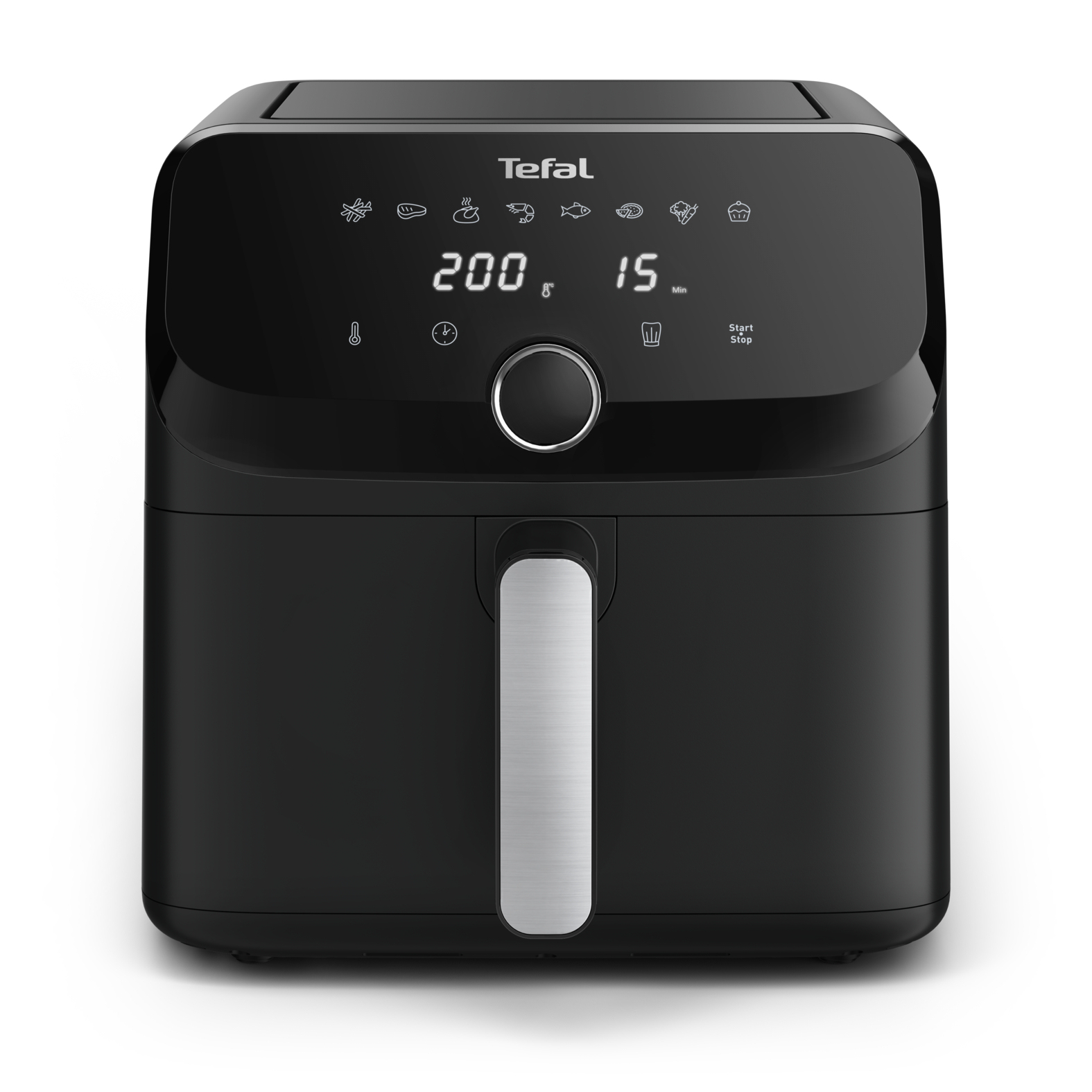 Freidora de aire negra con una pantalla digital que muestra la configuración y el tiempo.