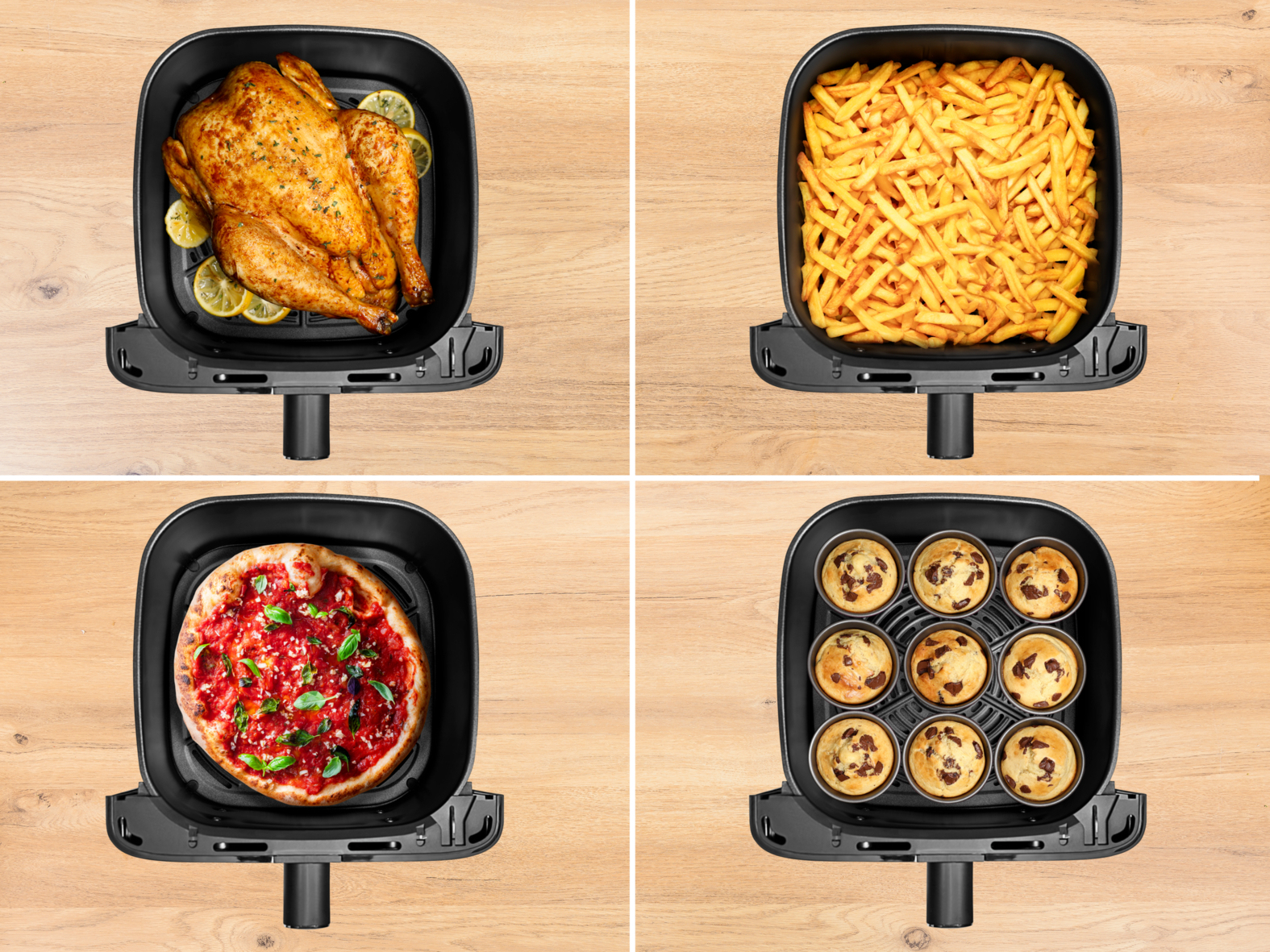 Cuatro alimentos en cestas de freidora de aire. Incluye pollo, patatas fritas, pizza y magdalenas.