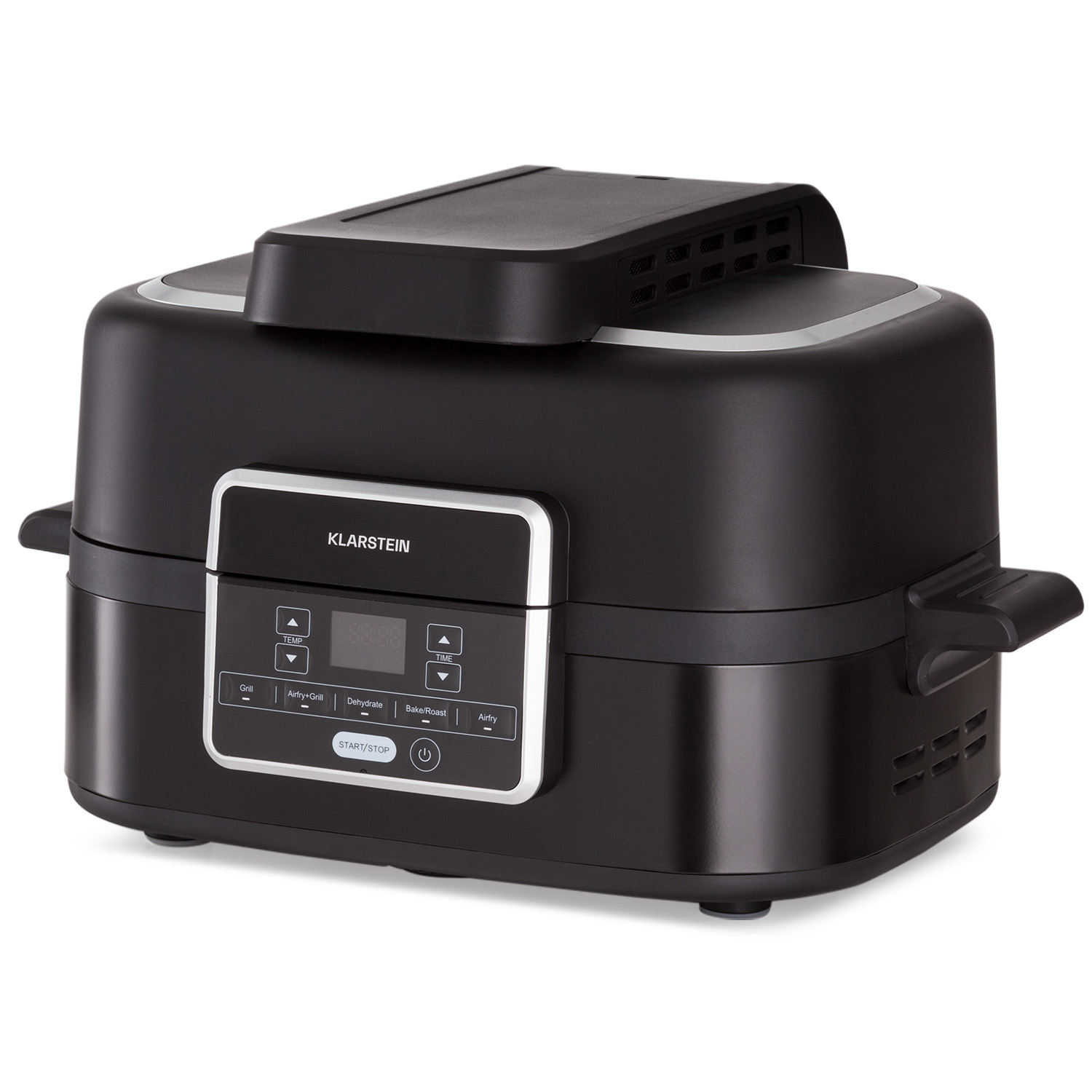 Friggitrice ad aria nera con display digitale e pulsanti, parte superiore nera.