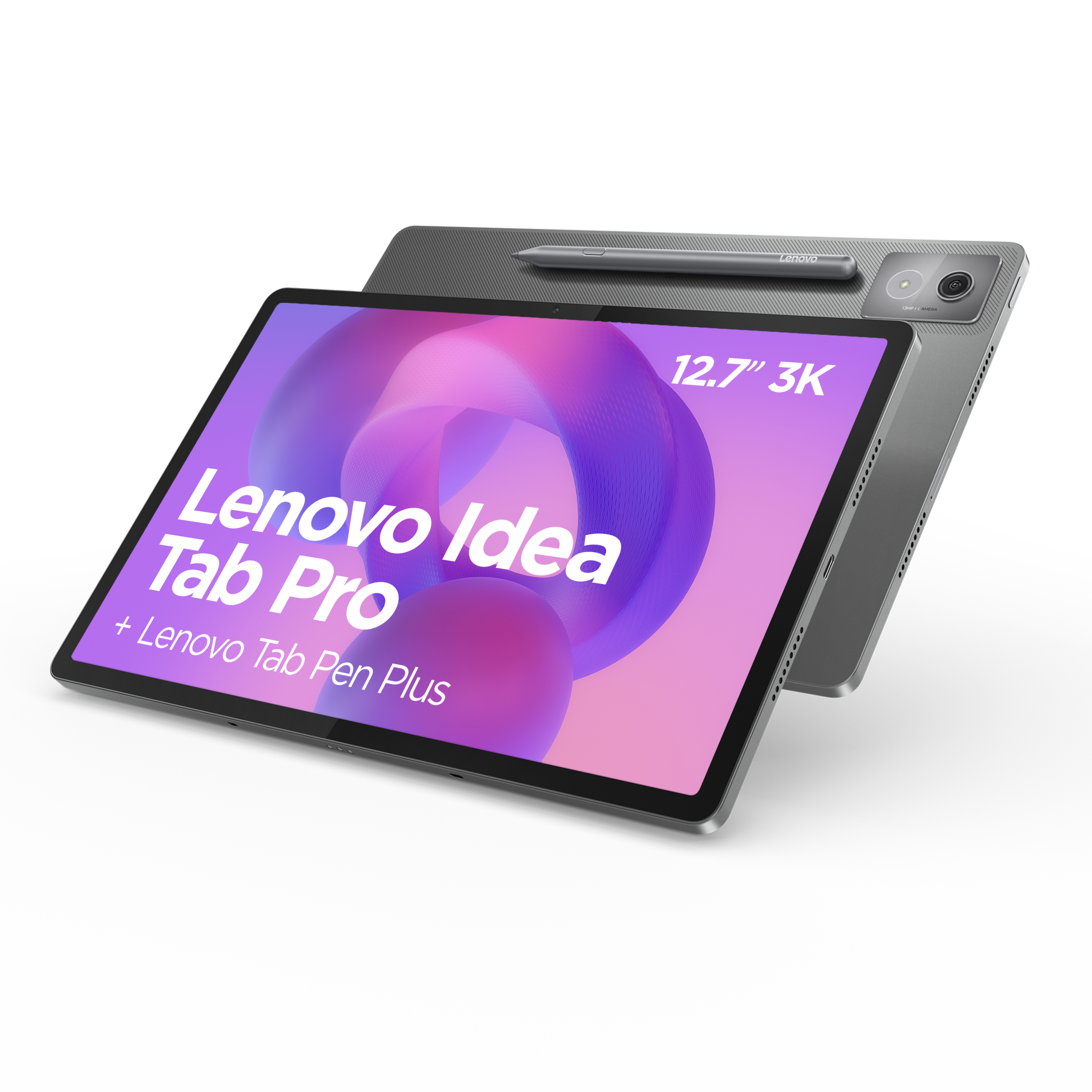 Tablet Lenovo Idea Tab Pro con penna, angolato. Lo schermo mostra grafica colorata e testo.