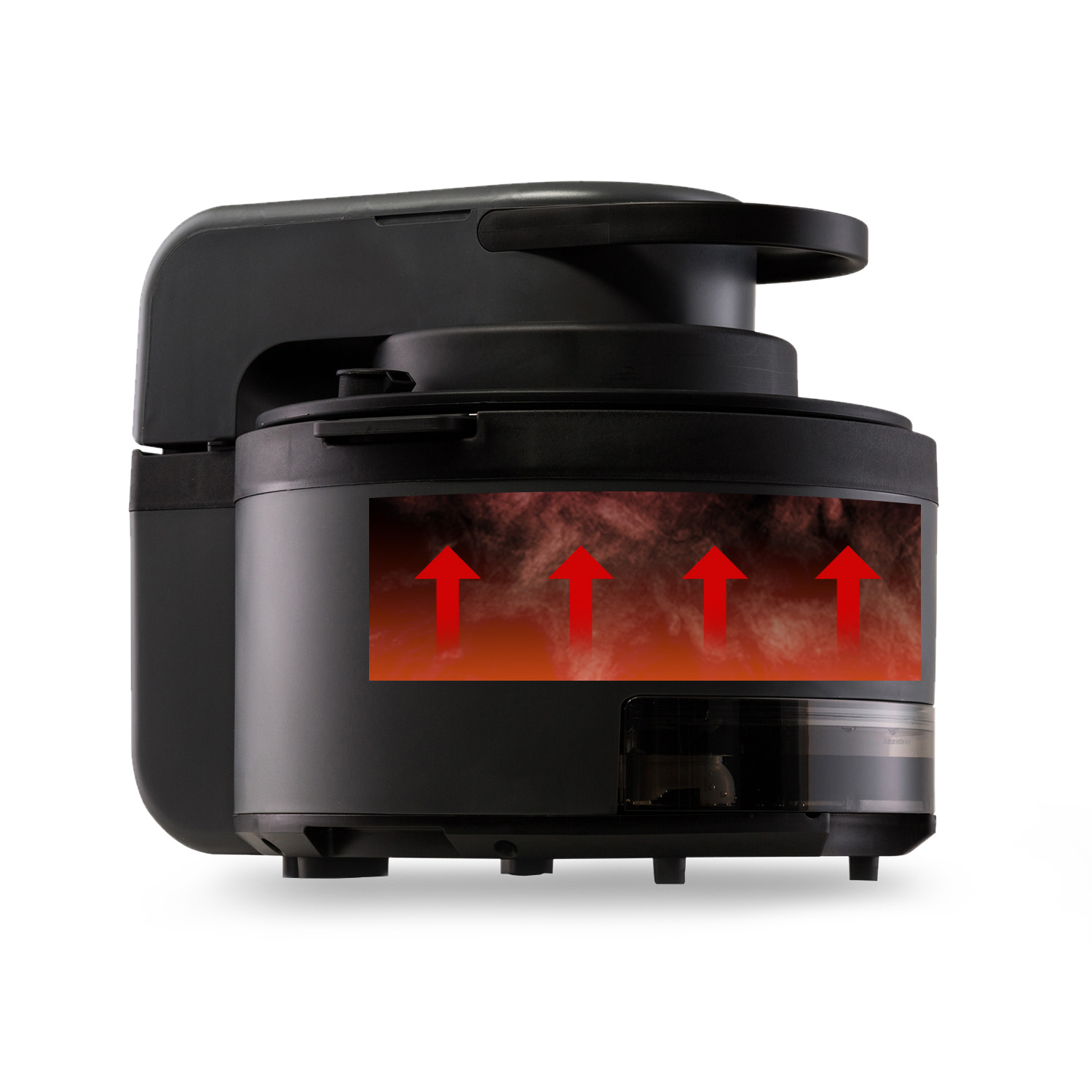 Electrodoméstico de cocina negro con flechas rojas que indican calor. Está sobre un fondo blanco.