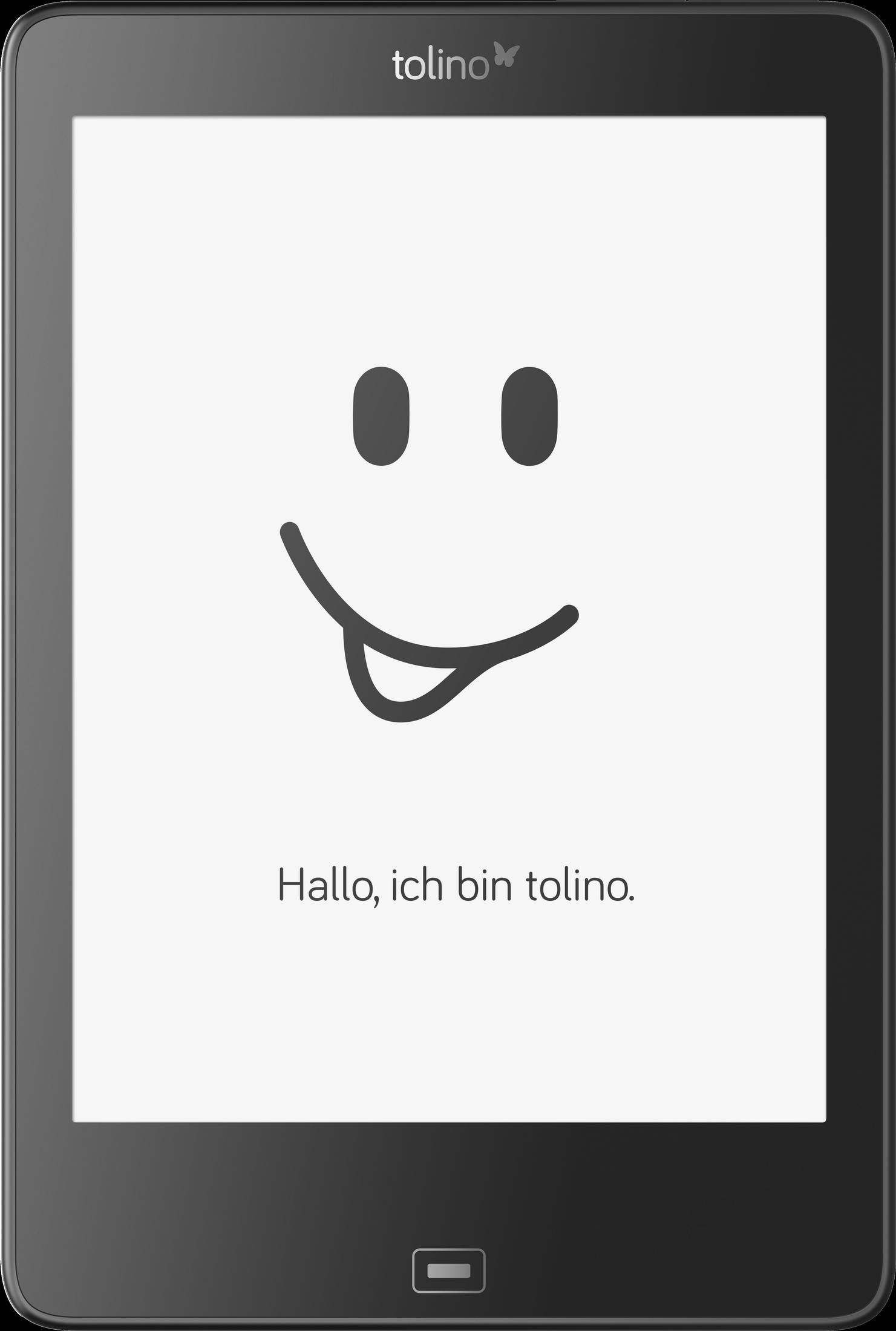 Schwarzer E-Reader mit Smiley auf dem Bildschirm und Text 'Hallo, ich bin tolino.' Weißer Hintergrund.