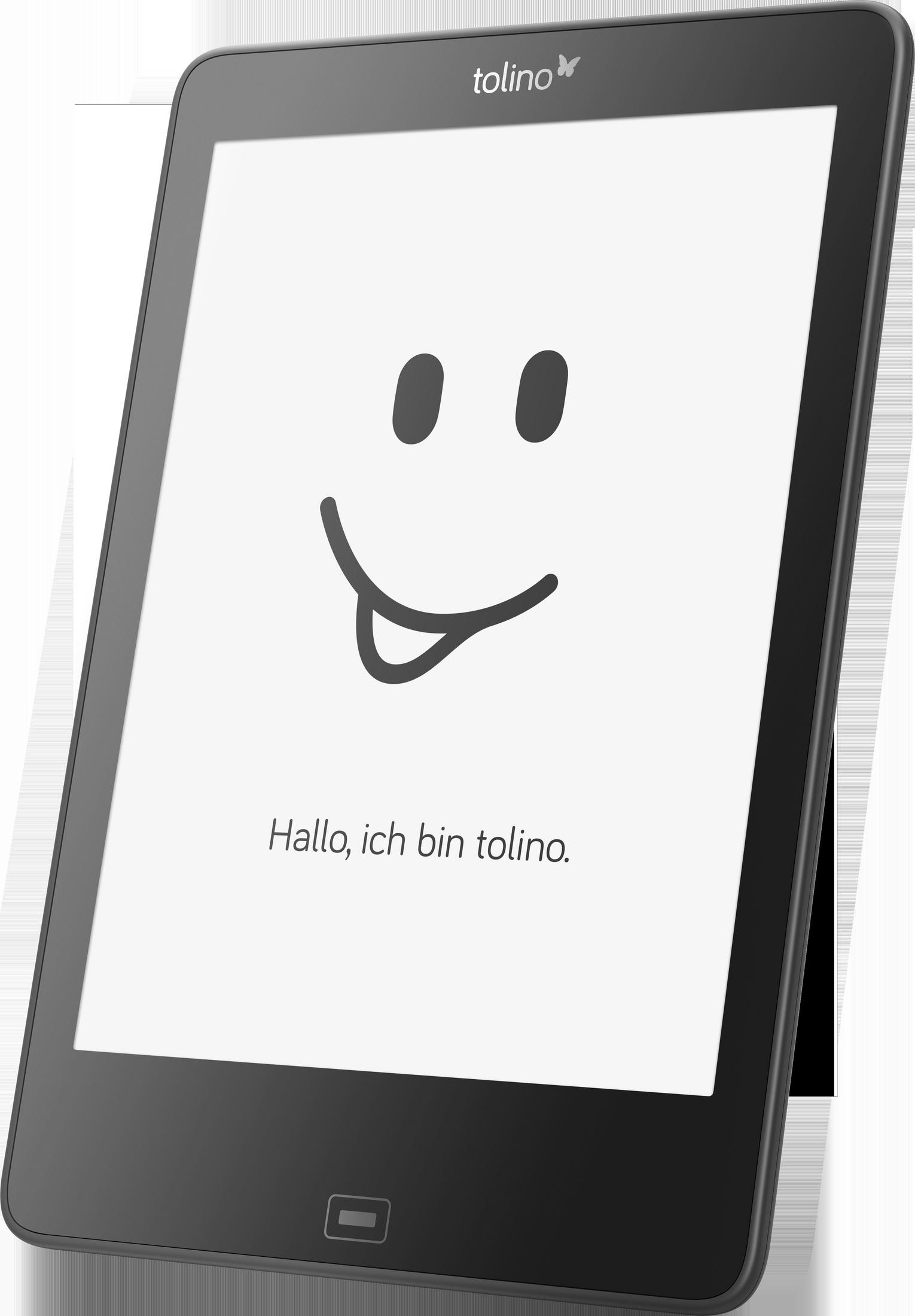 Schwarzes Tablet mit Smiley-Gesicht auf dem Bildschirm. Text: Hallo, ich bin tolino. Weißer Hintergrund.