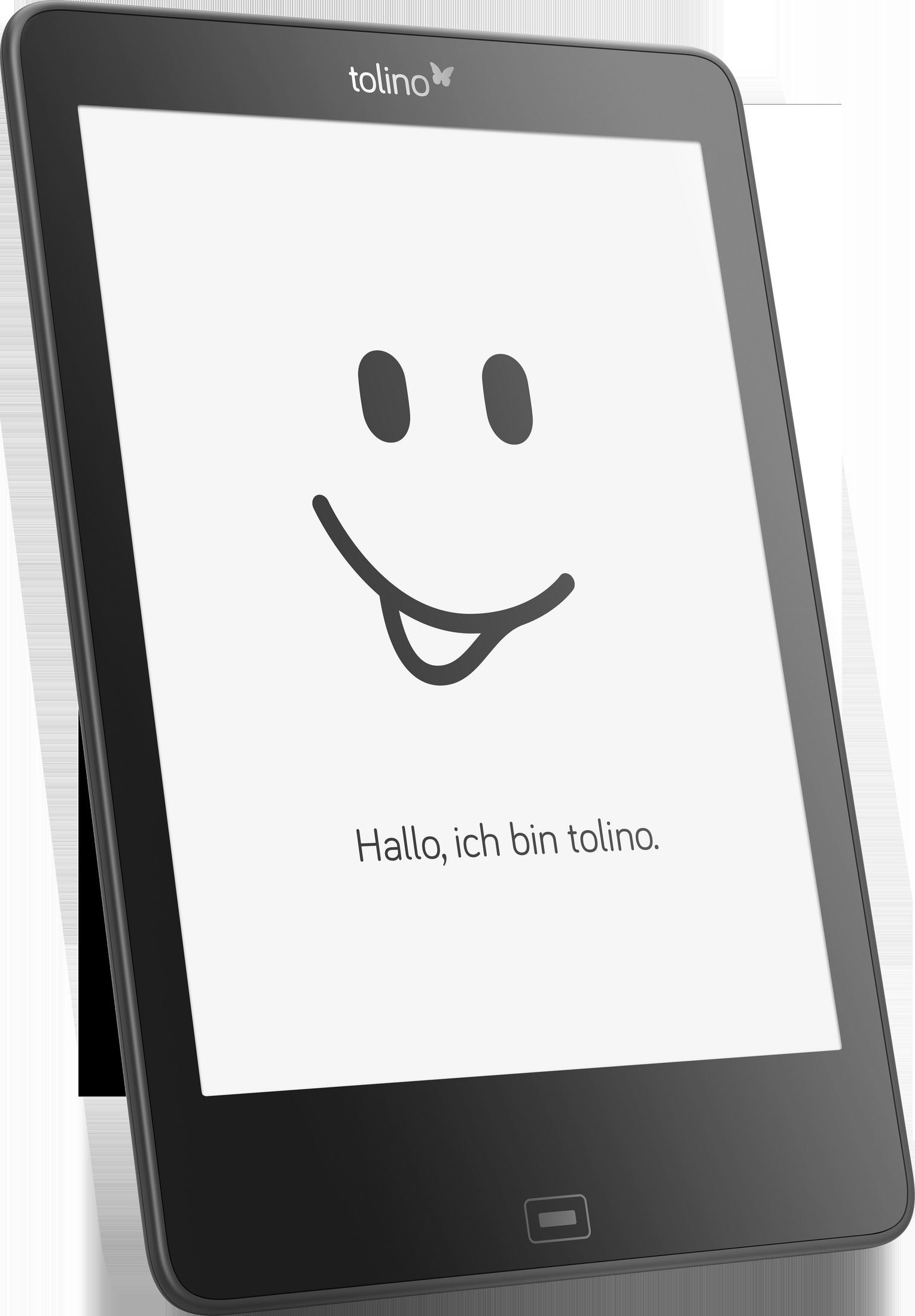 Schwarzes Tablet mit Smiley-Gesicht auf dem Bildschirm. Text: Hallo, ich bin tolino. Weißer Hintergrund.