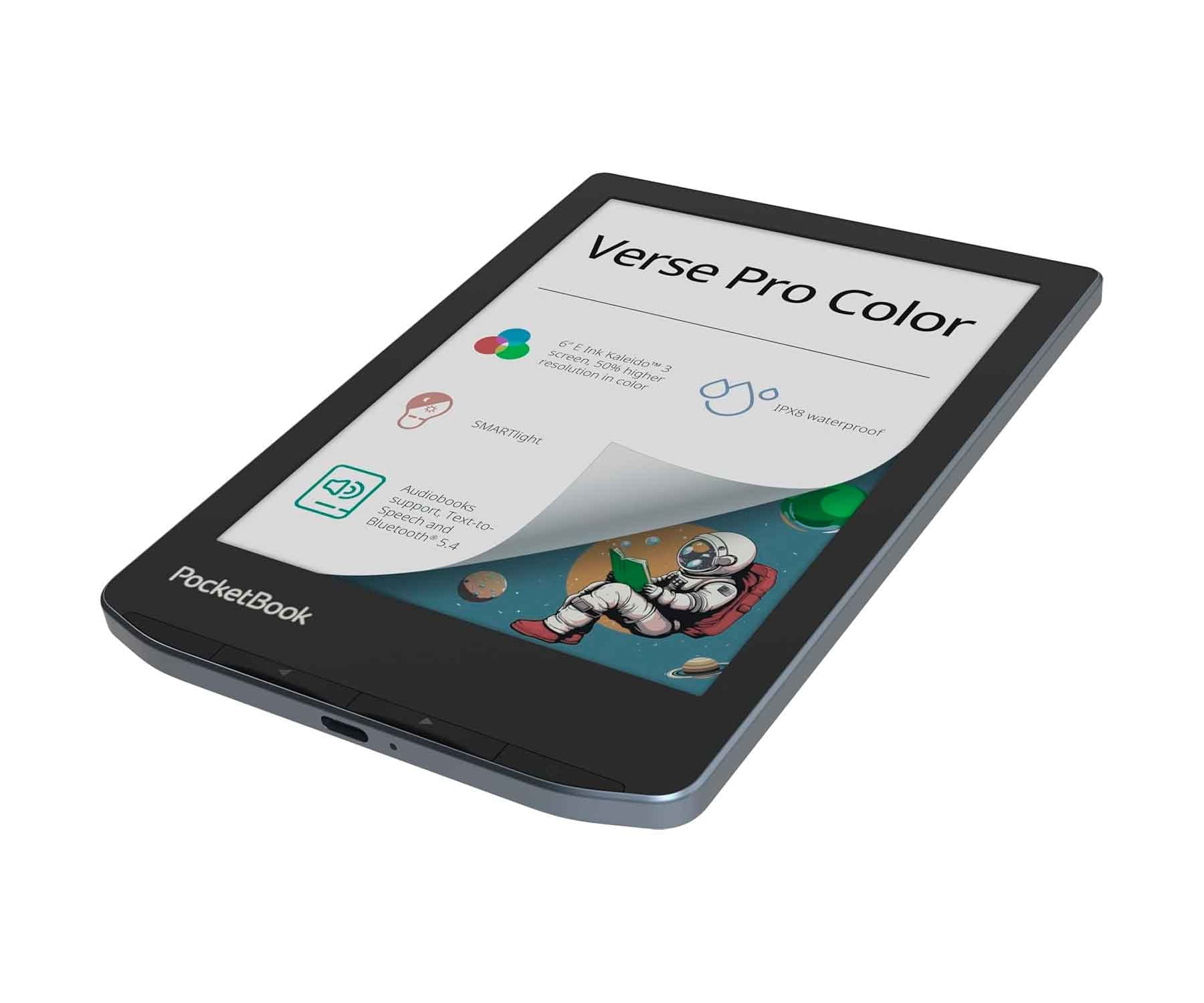 Czarny czytnik ebooków z białym ekranem, wyświetlający tekst. Ekran jest pochylony.