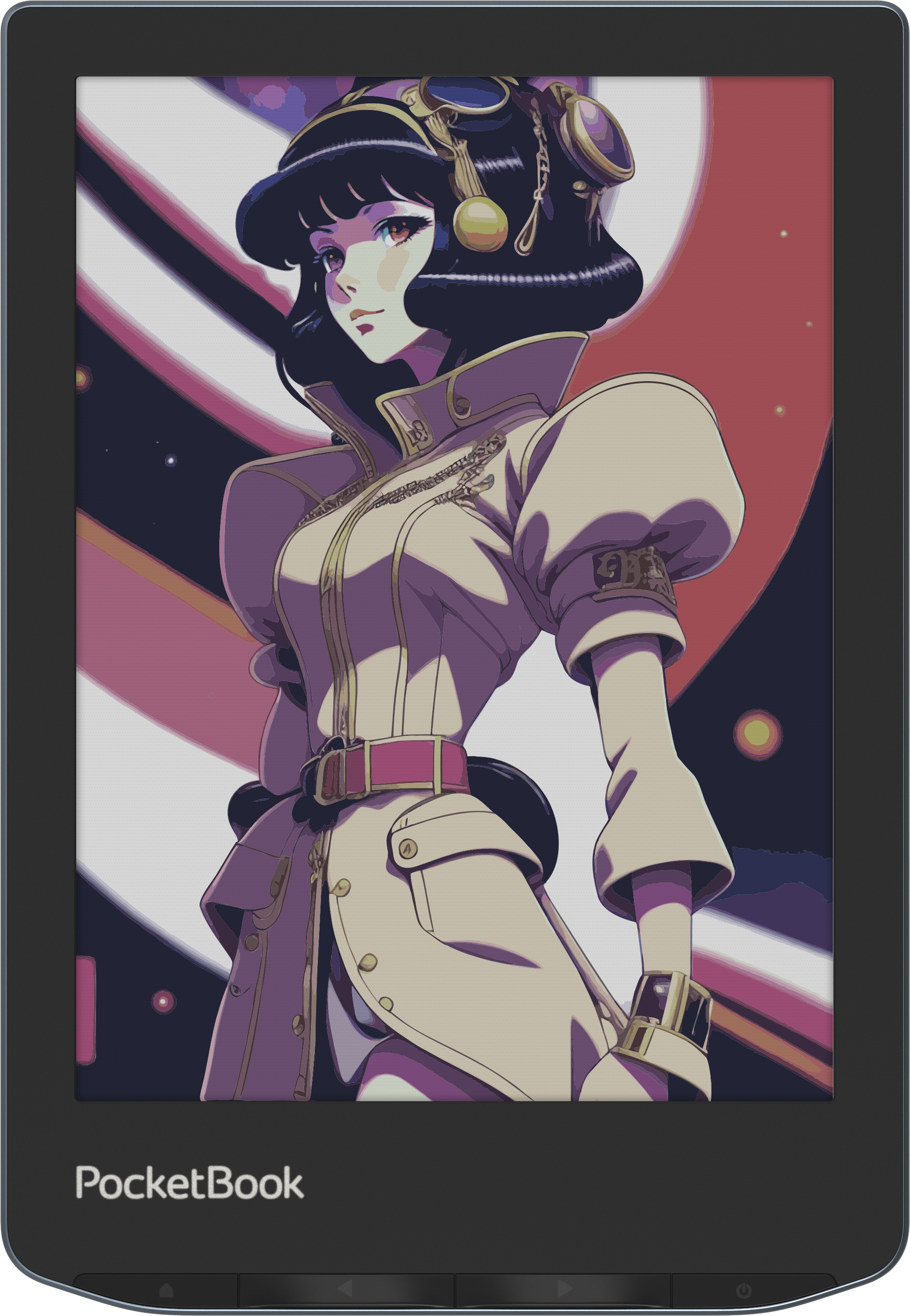 Czytnik ebooków wyświetla kobietę w stylu steampunk. Czarne włosy, gogle i beżowy płaszcz. Gwiezdne tło.