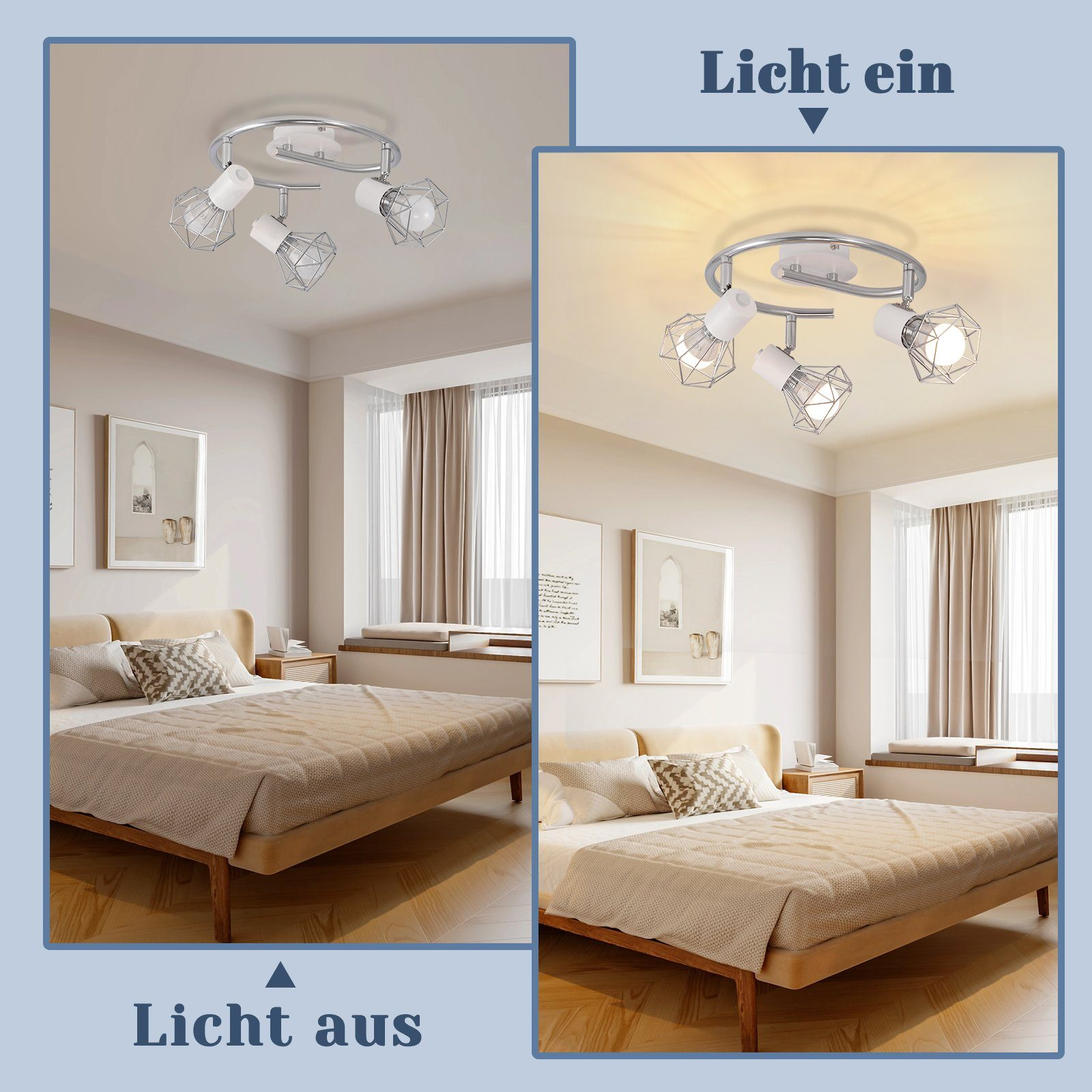 Un dormitorio con una luz de techo. Dos imágenes, una con la luz apagada y otra con la luz encendida.
