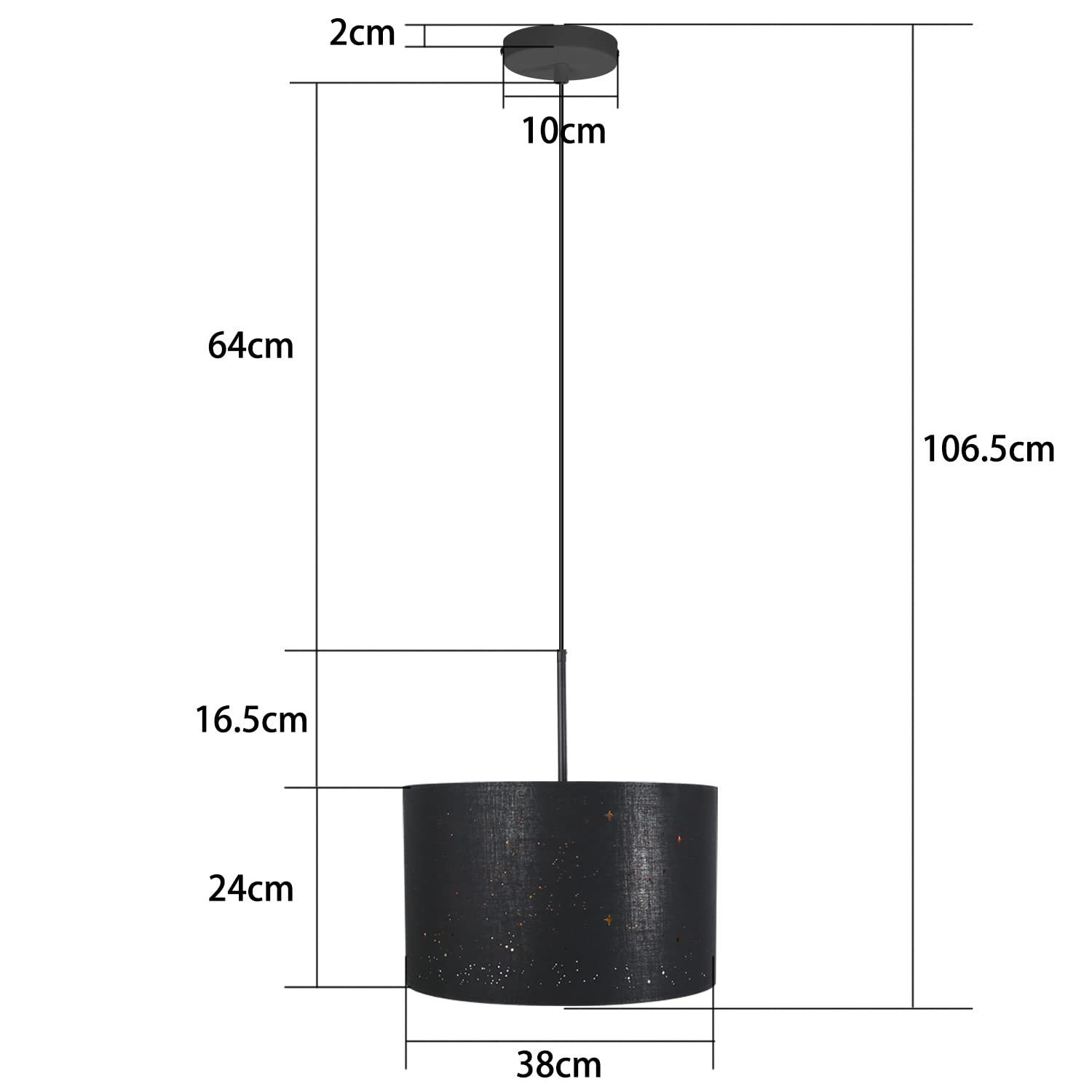 Schwarze Pendelleuchte mit Maßen: 38cm Durchmesser, 24cm Höhe, 106,5cm Gesamtlänge.