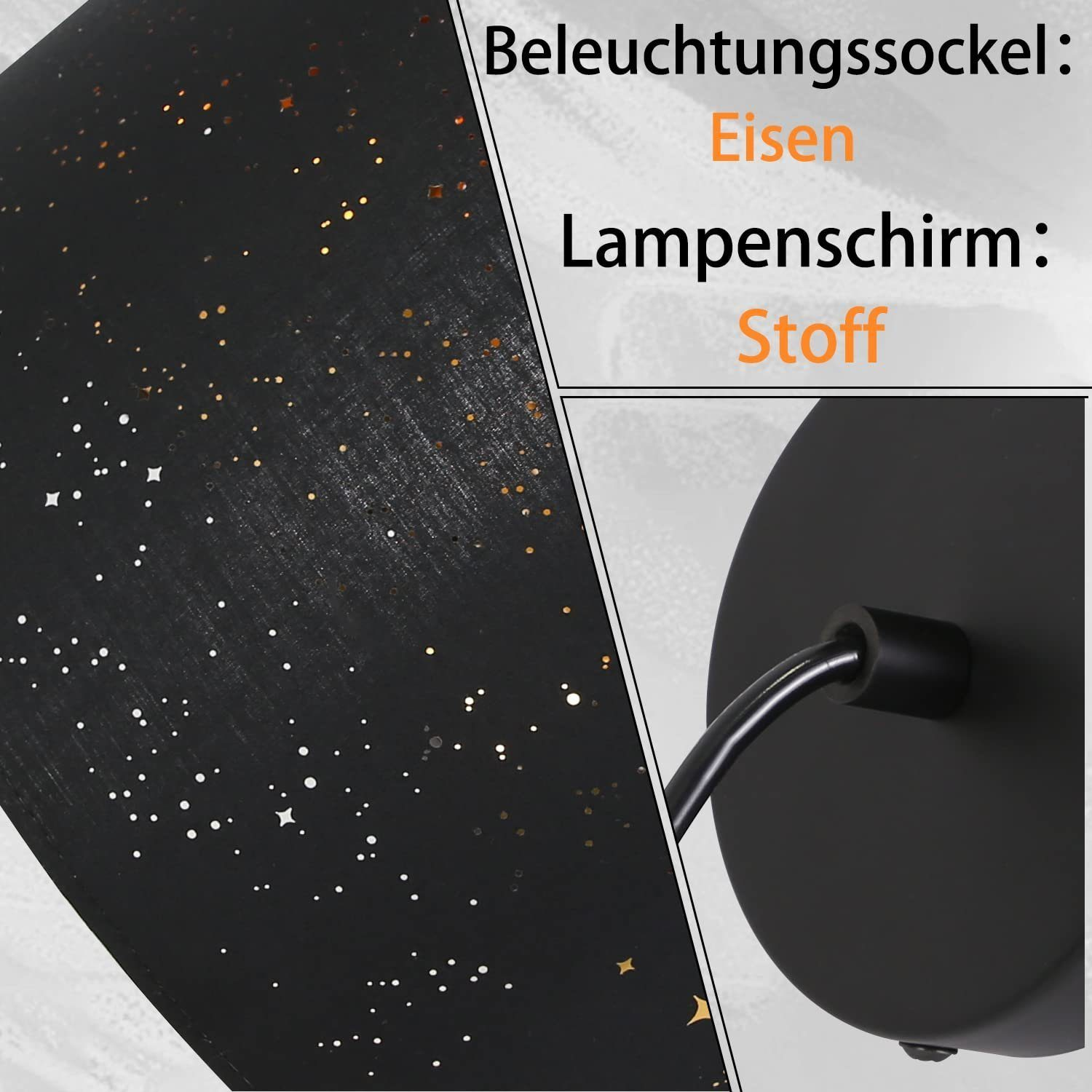 Nahaufnahme eines schwarzen Lampenschirms mit Sternaussparungen, Materialdetails.