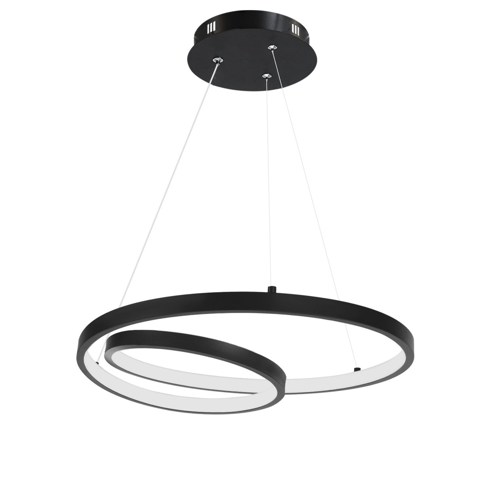 Nowoczesna czarna lampa wisząca o okrągłym kształcie, zwisająca z sufitu. Tło jest białe.