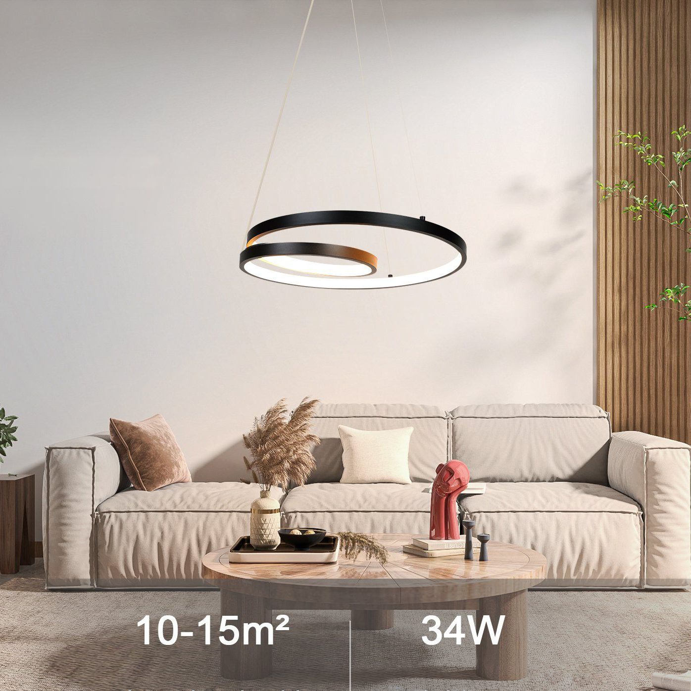 Salon z beżową sofą, okrągłym stołem i nowoczesnym oświetleniem wiszącym. 10-15m2, 34W.