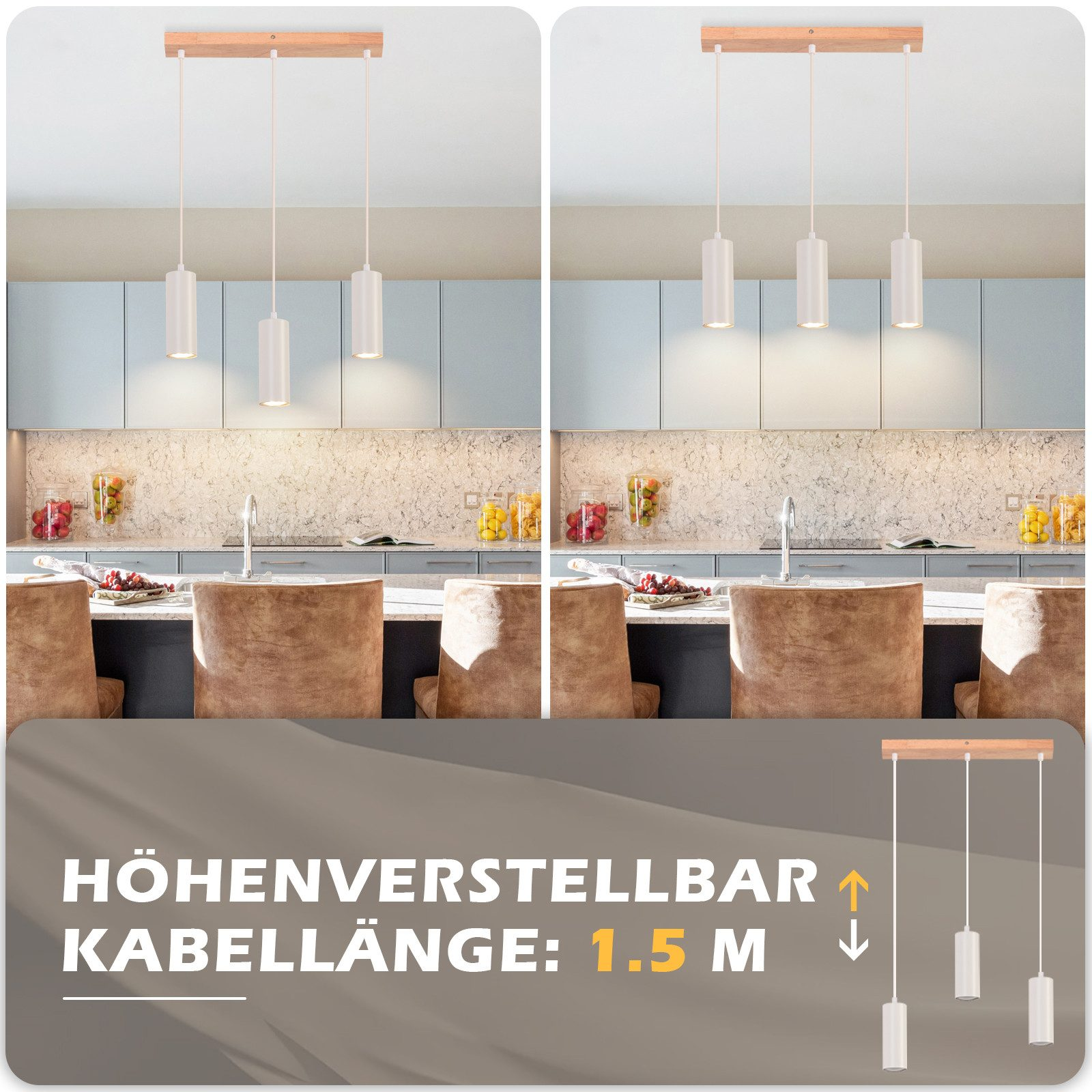 Una cucina con lampade a sospensione, che mostrano diverse impostazioni di luce. Sedie beige.