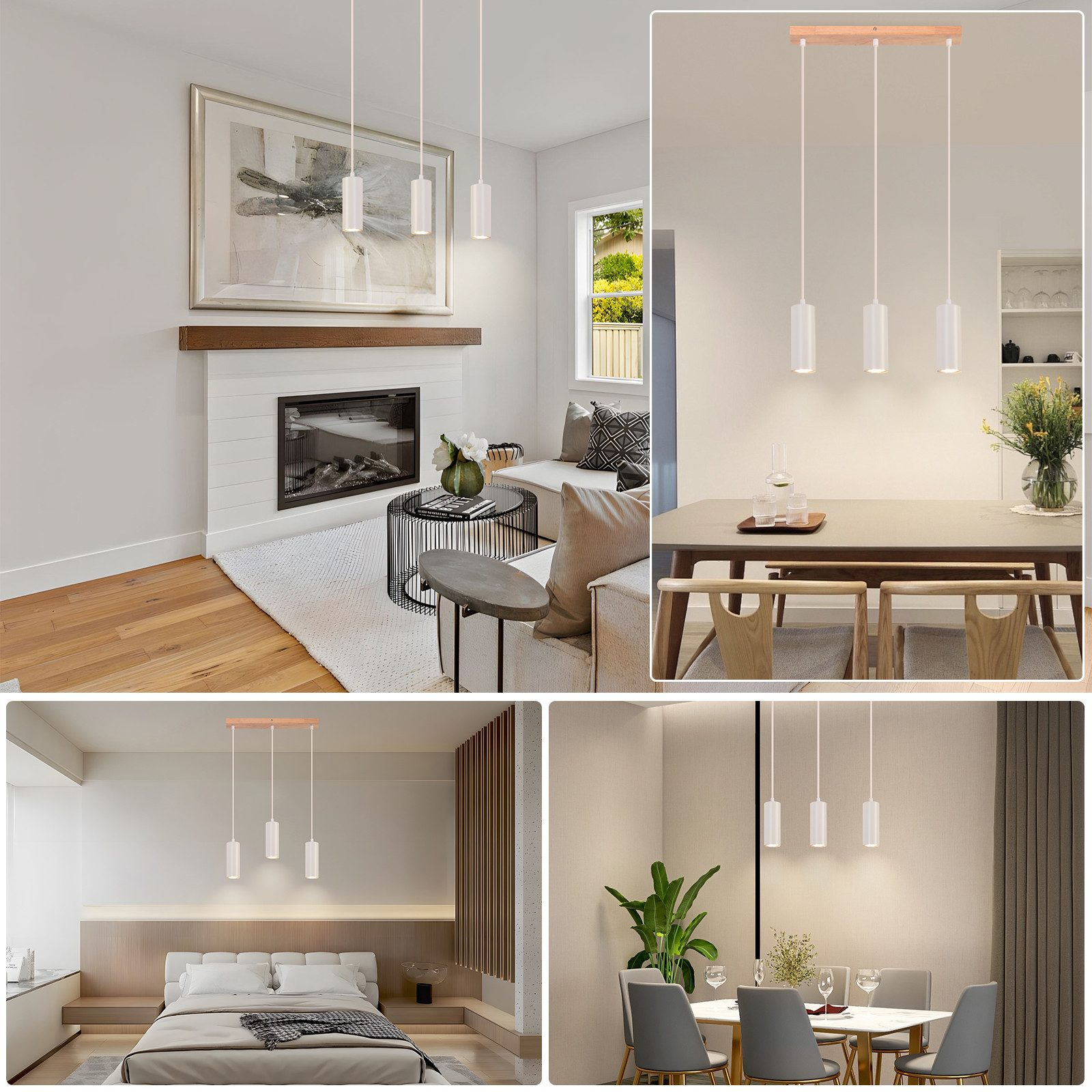 Scene multiple delle lampade a sospensione in varie ambientazioni. Paralumi bianchi, trave in legno, cavi bianchi, design moderno.