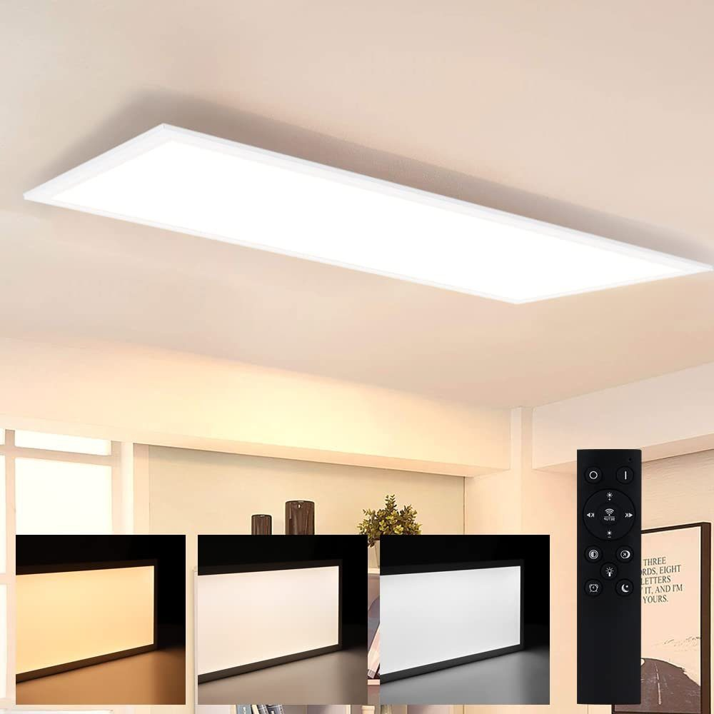 Prostokątna lampa sufitowa LED, jasna biel. Trzy ustawienia światła. Pokazuje pilota z przyciskami.