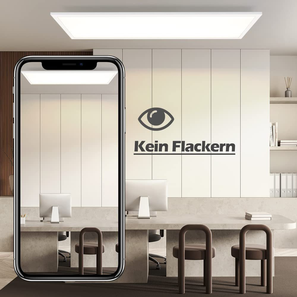 Lampa sufitowa w nowoczesnym biurze. Telefon pokazuje światło, tekst: Kein Flackern (Bez migotania).