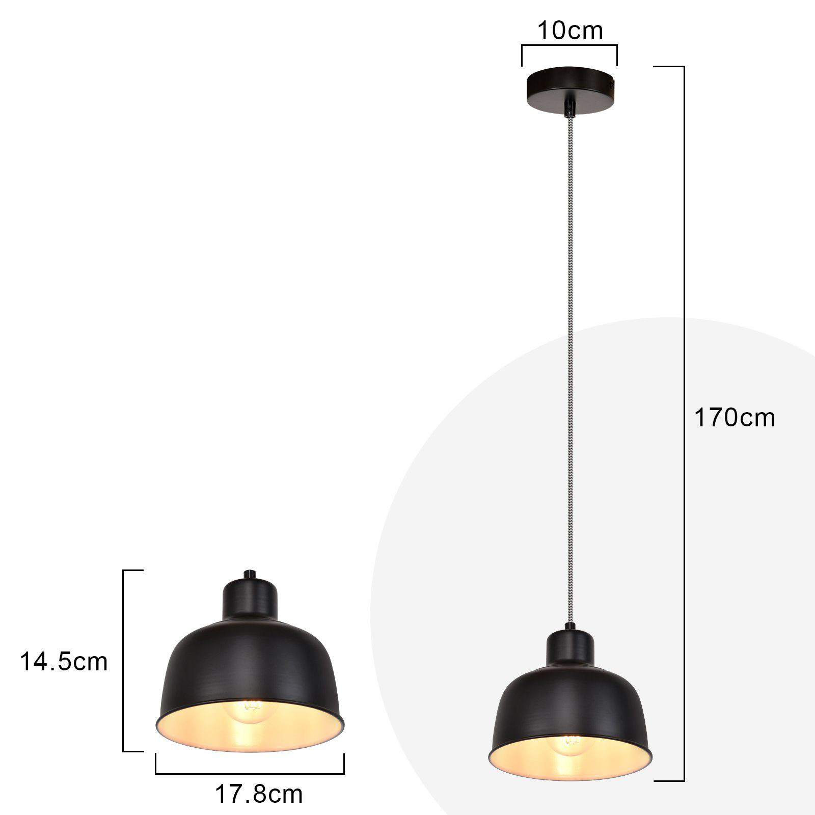 Czarna lampa wisząca z oznaczonymi wymiarami. Ma odsłoniętą żarówkę i białe wnętrze.