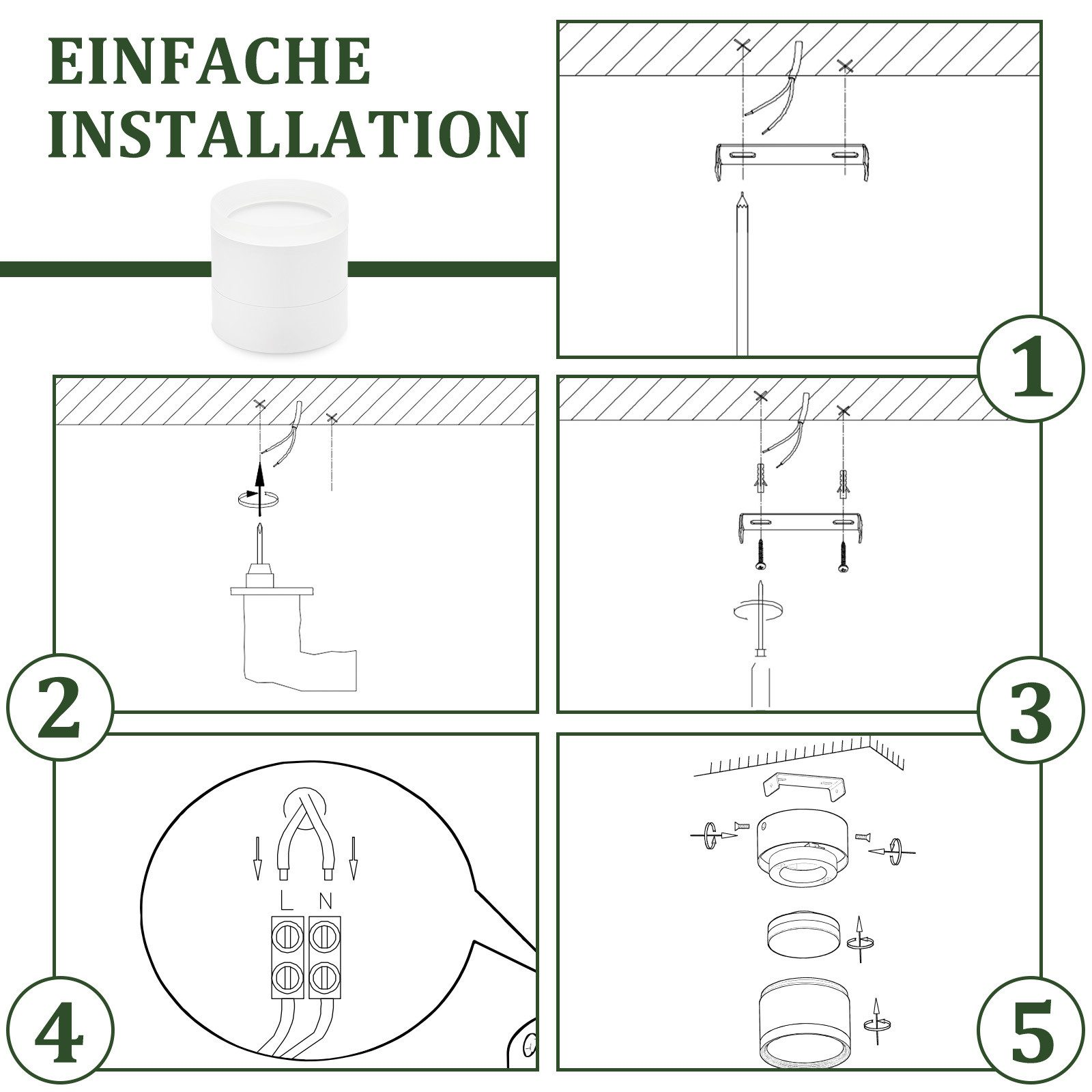 Diagramma che mostra i passaggi per l'installazione di una plafoniera cilindrica bianca.