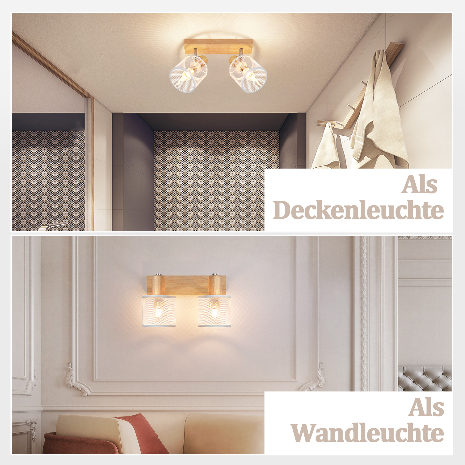 Due immagini di luci. Sopra: luci a soffitto. Sotto: applique. Il testo 