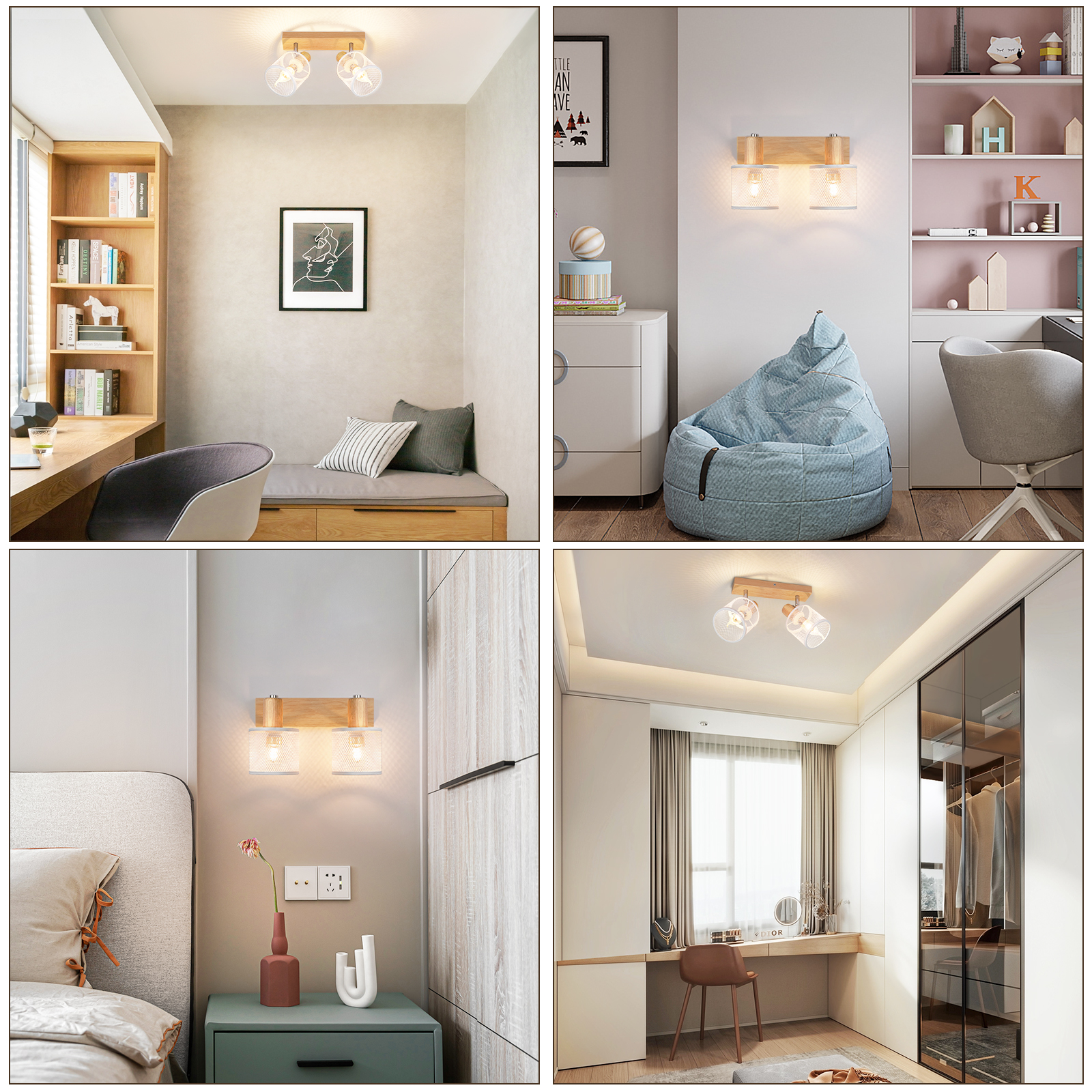 Quattro immagini che mostrano diversi spazi interni con luci a soffitto simili.