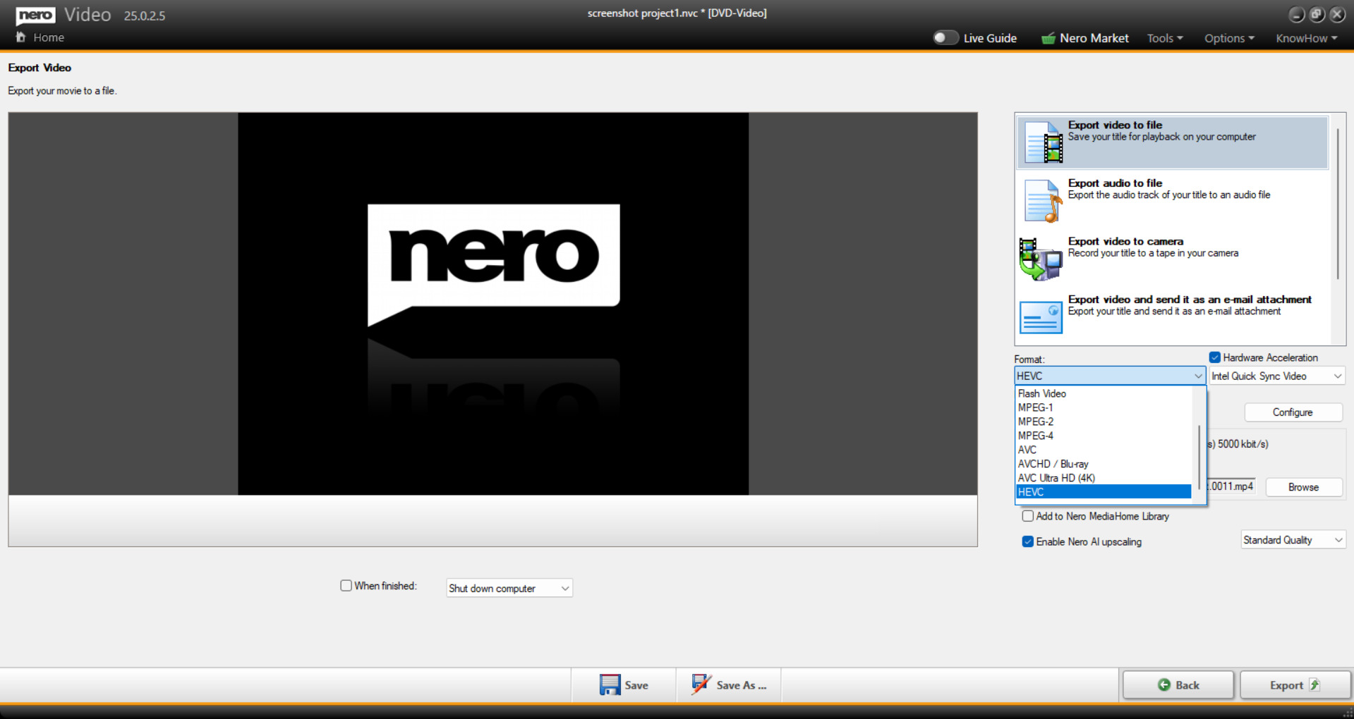 Interfaccia software Nero Video, opzioni per esportare video su file, audio o fotocamera. Il menu di selezione del formato è aperto.
