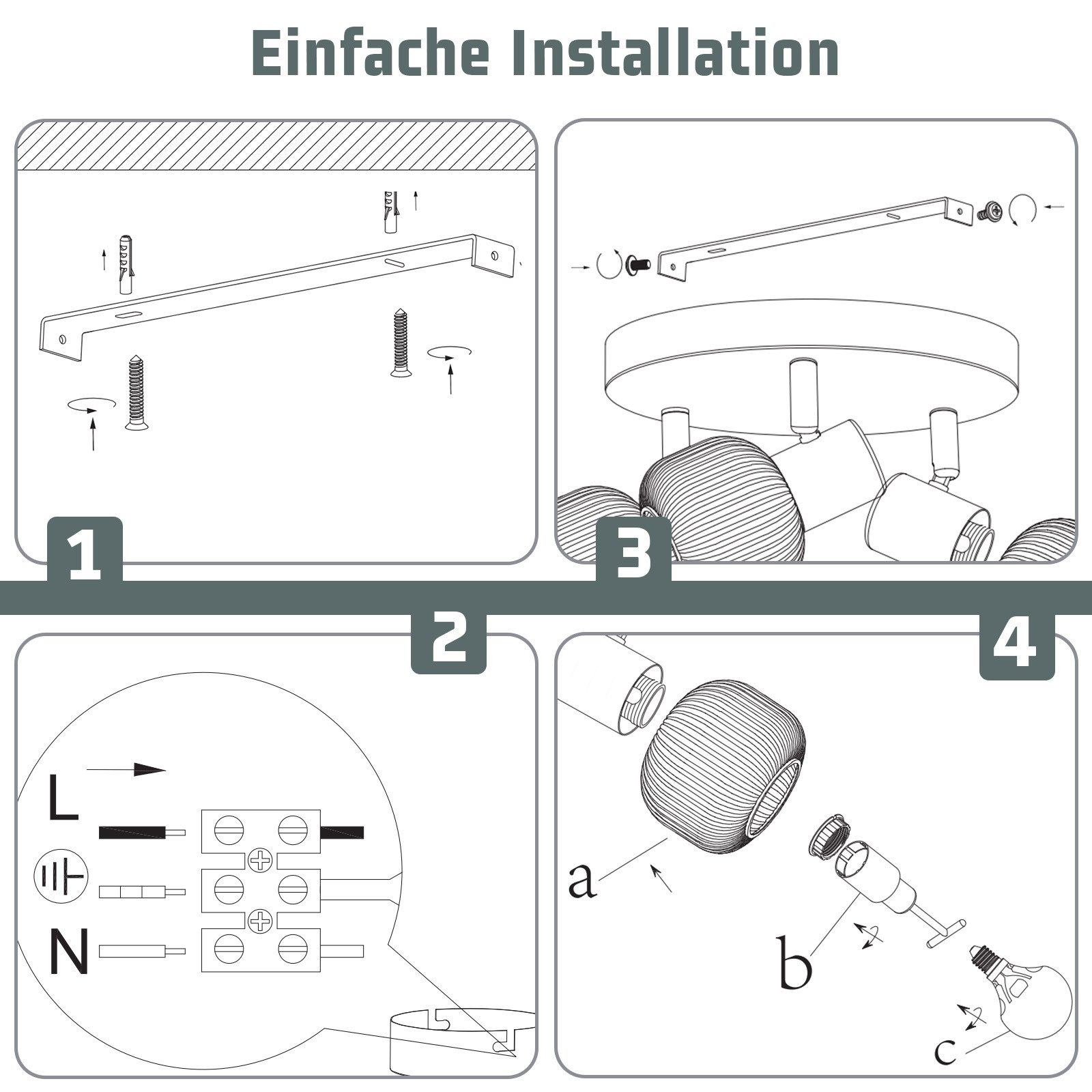 Diagramma con i passaggi per installare una lampada da soffitto. Viti, fili e parti della lampada sono mostrati.