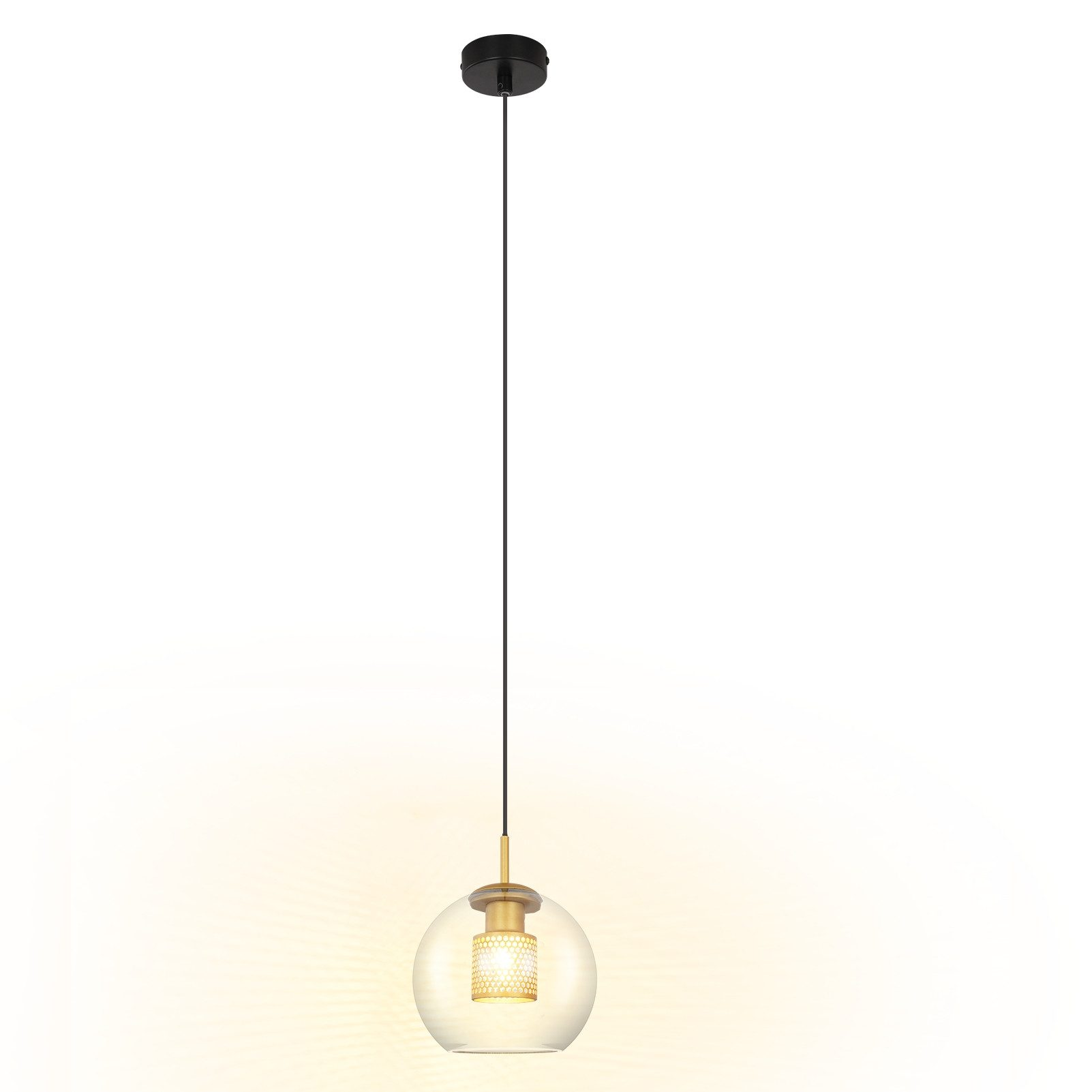 Przezroczysta szklana lampa wisząca z czarnym przewodem i żarówką w środku.