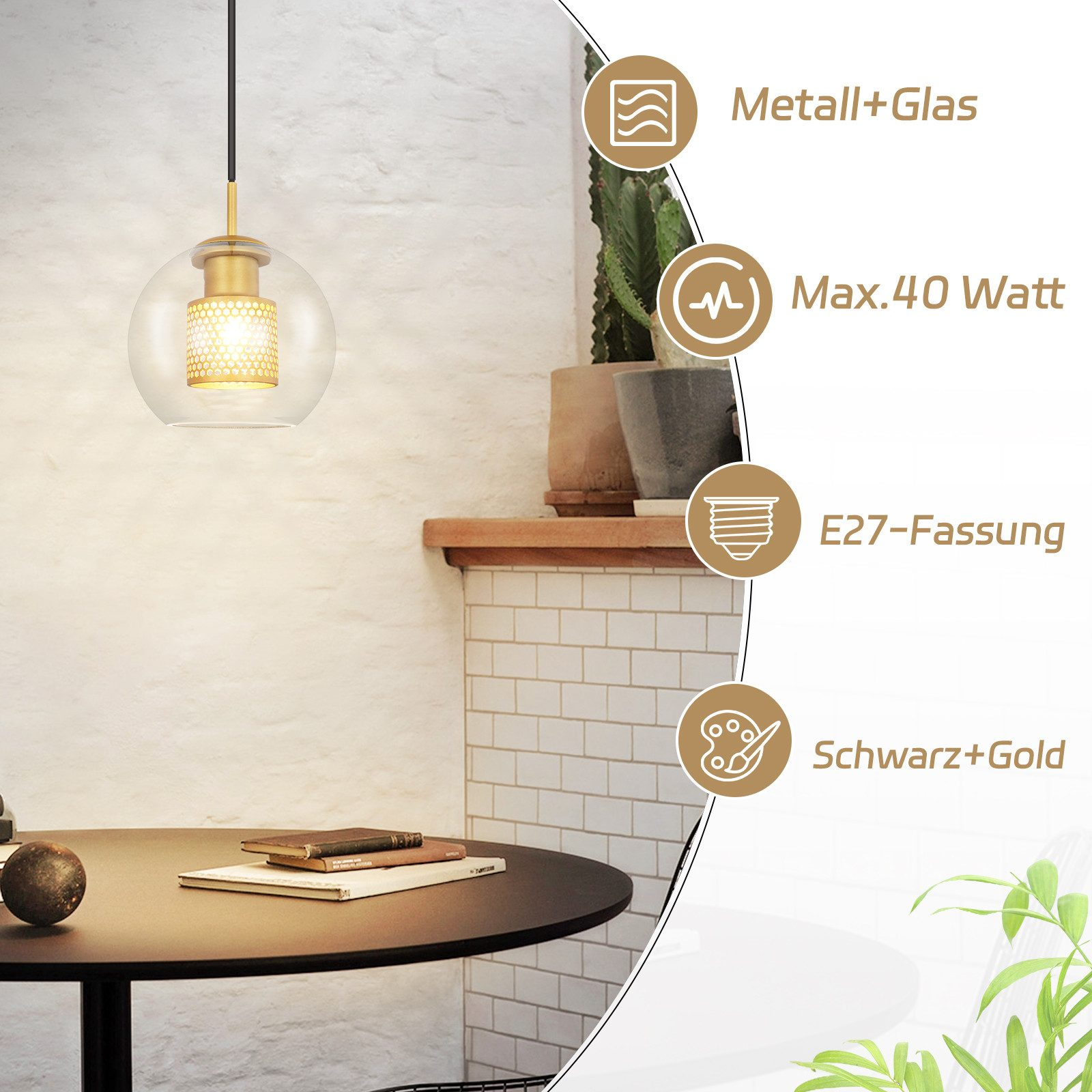 Lampa wisząca ze szklaną kulą, metalowym złotym elementem i stołem z przodu.