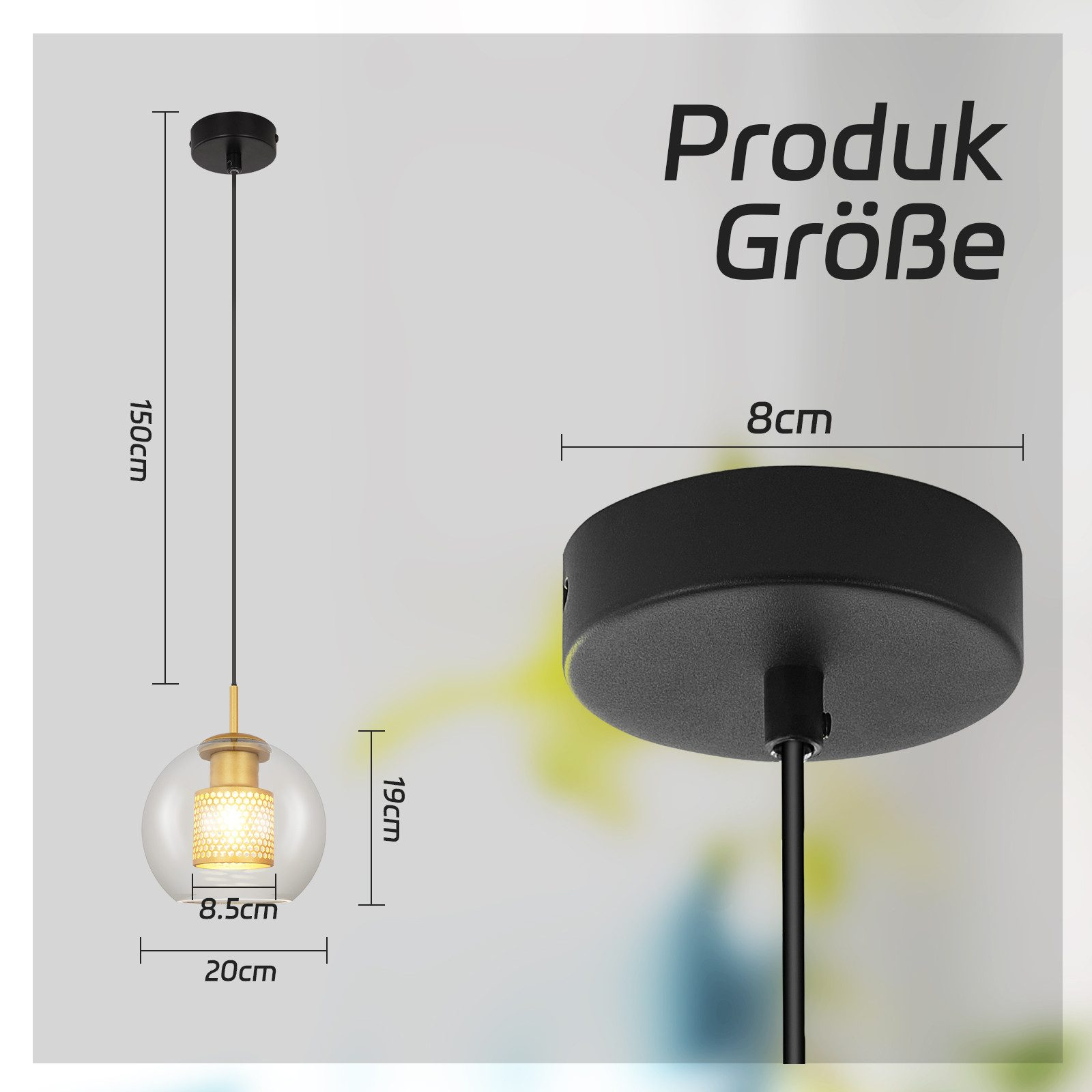 Lampa wisząca z wymiarami: 150cm wys., 20cm średnicy, 8,5cm klosz. Czarne i złote wykończenie.