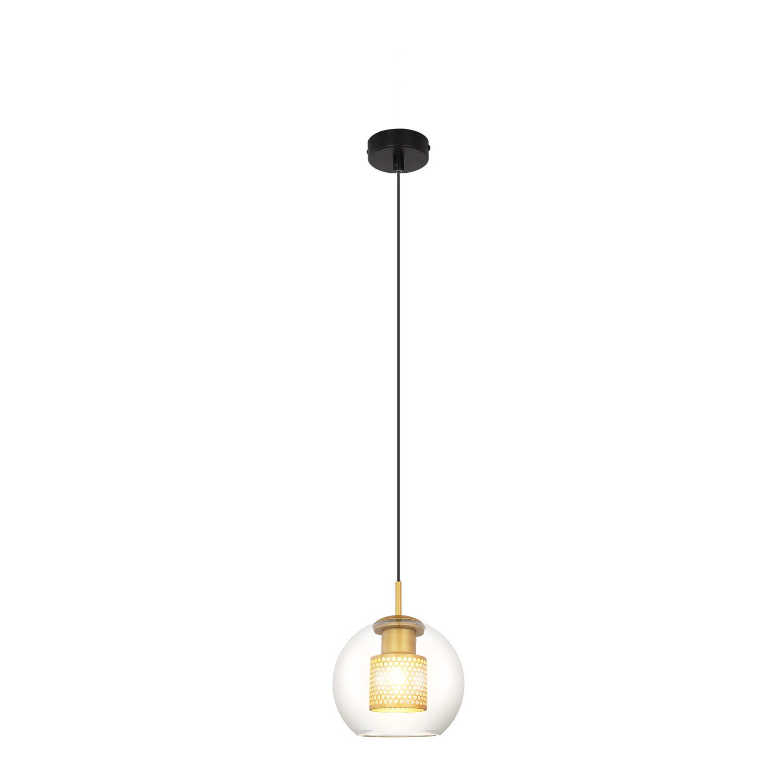 Lampa wisząca z przezroczystą szklaną kulą i złotą podstawą. Tło jest białe.