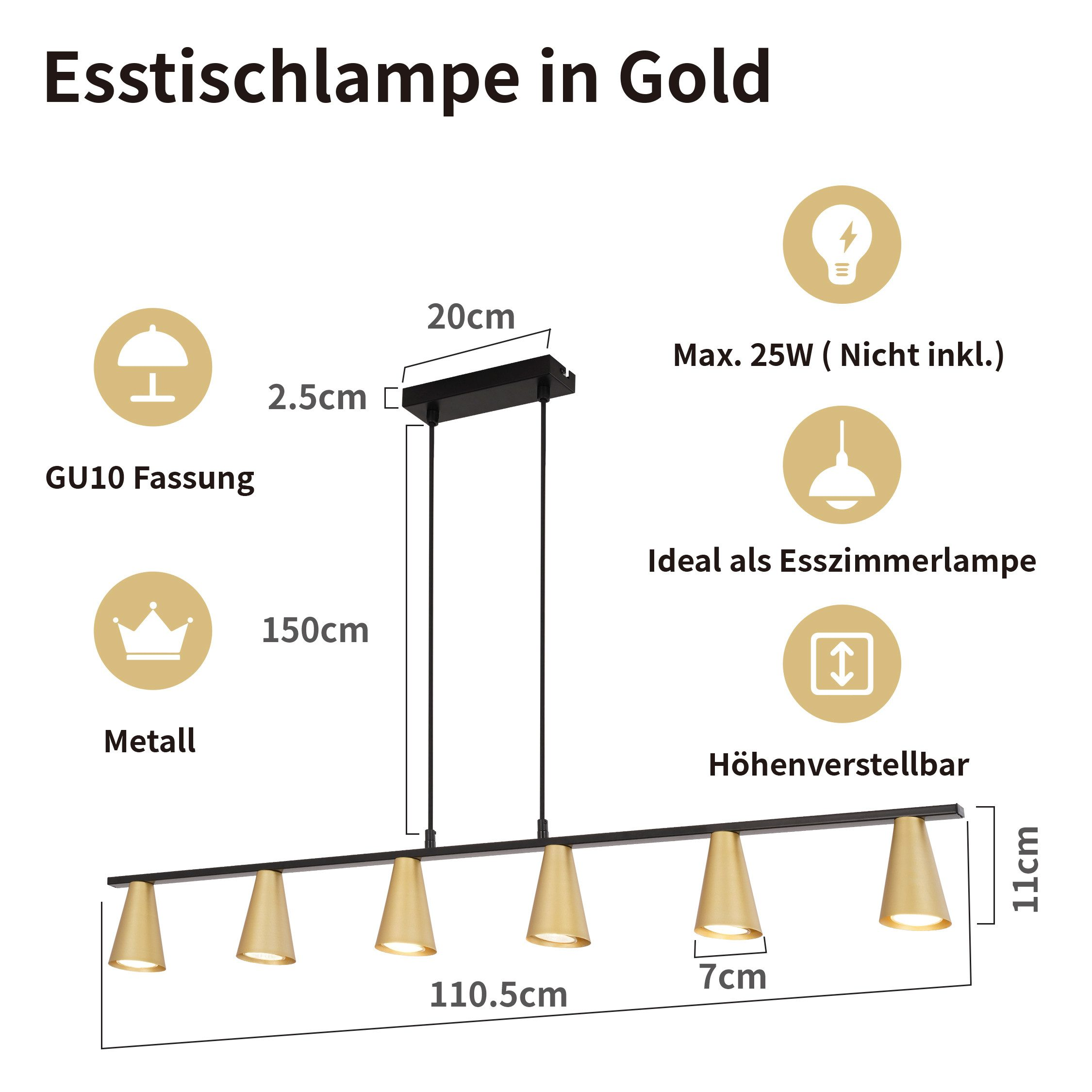 Schwarz-goldene Esszimmerleuchte mit sechs kegelförmigen Lampen, Abmessungen sind angegeben. Text: Esszimmerlampe in Gold.