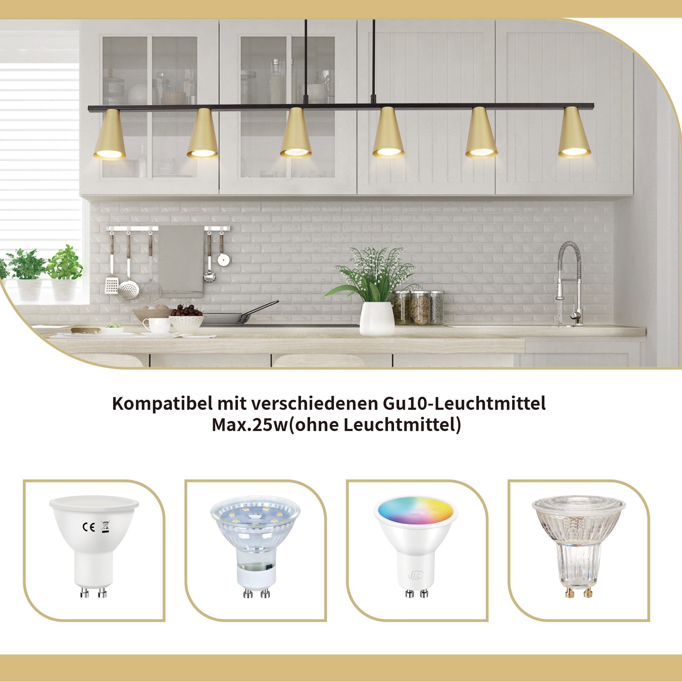 Küchenszene mit einer Reihe goldener, kegelförmiger Leuchten über einer weißen Arbeitsplatte. Vier GU10-Leuchtmittel.