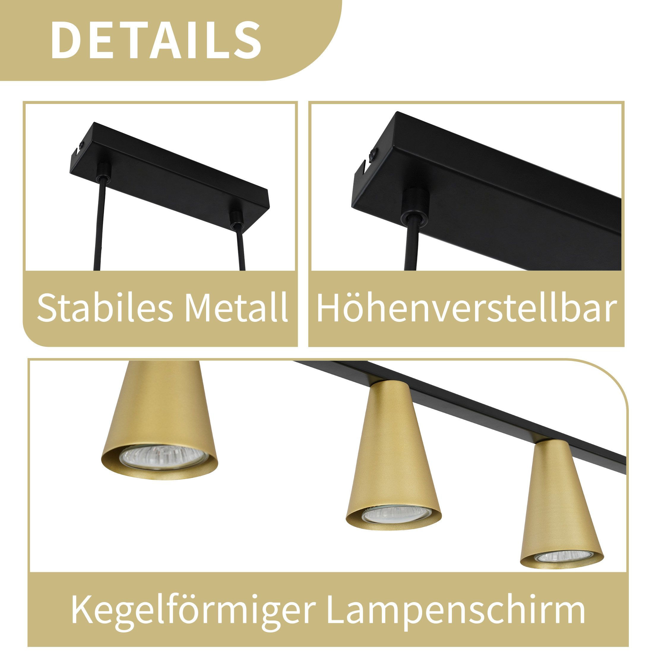 Details einer goldfarbenen, kegelförmigen Leuchte mit schwarzem Sockel. Text: Kegelförmiger Lampenschirm.